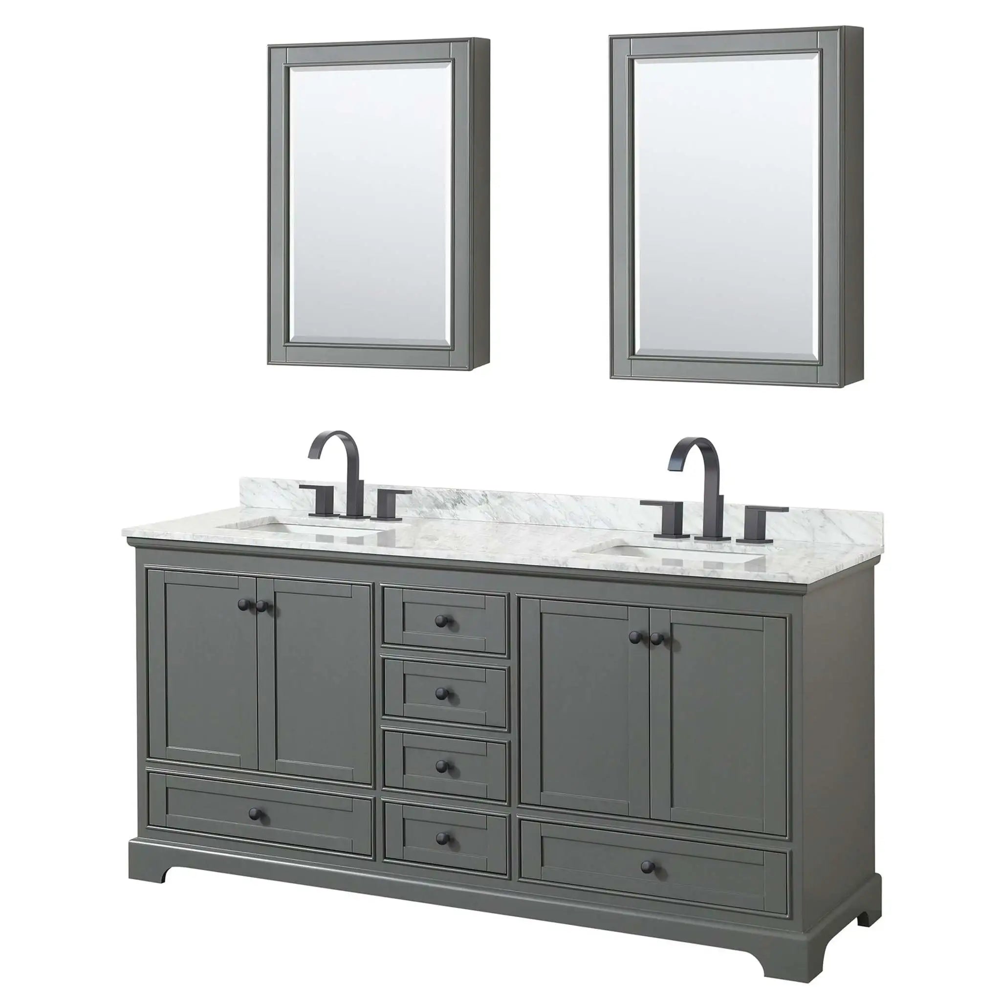 72" Deborah Double Bathroom Vanity in Dark Gray with Matte Black Trim & Medicine Cabinet by Wyndham