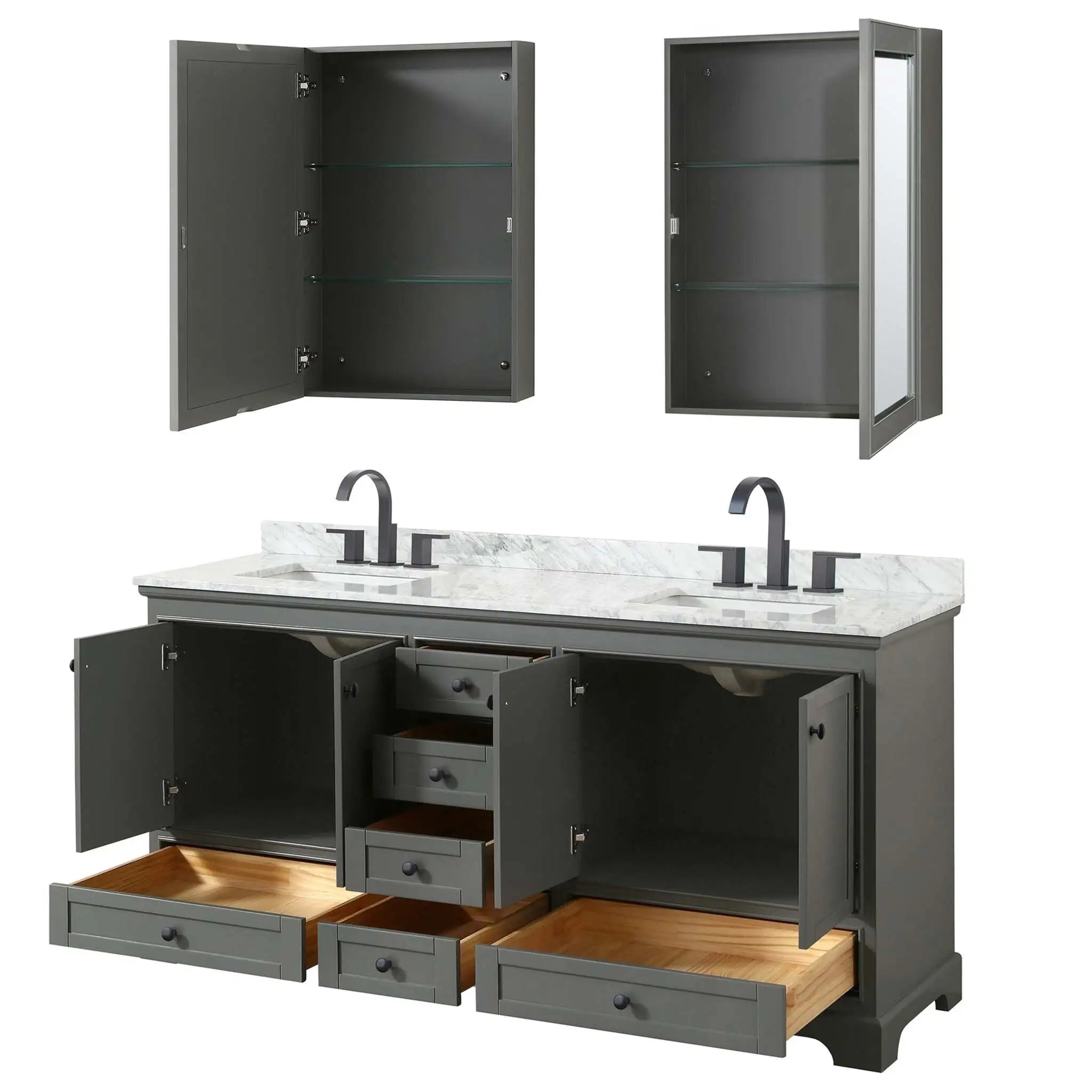 72" Deborah Double Bathroom Vanity in Dark Gray with Matte Black Trim & Medicine Cabinet by Wyndham