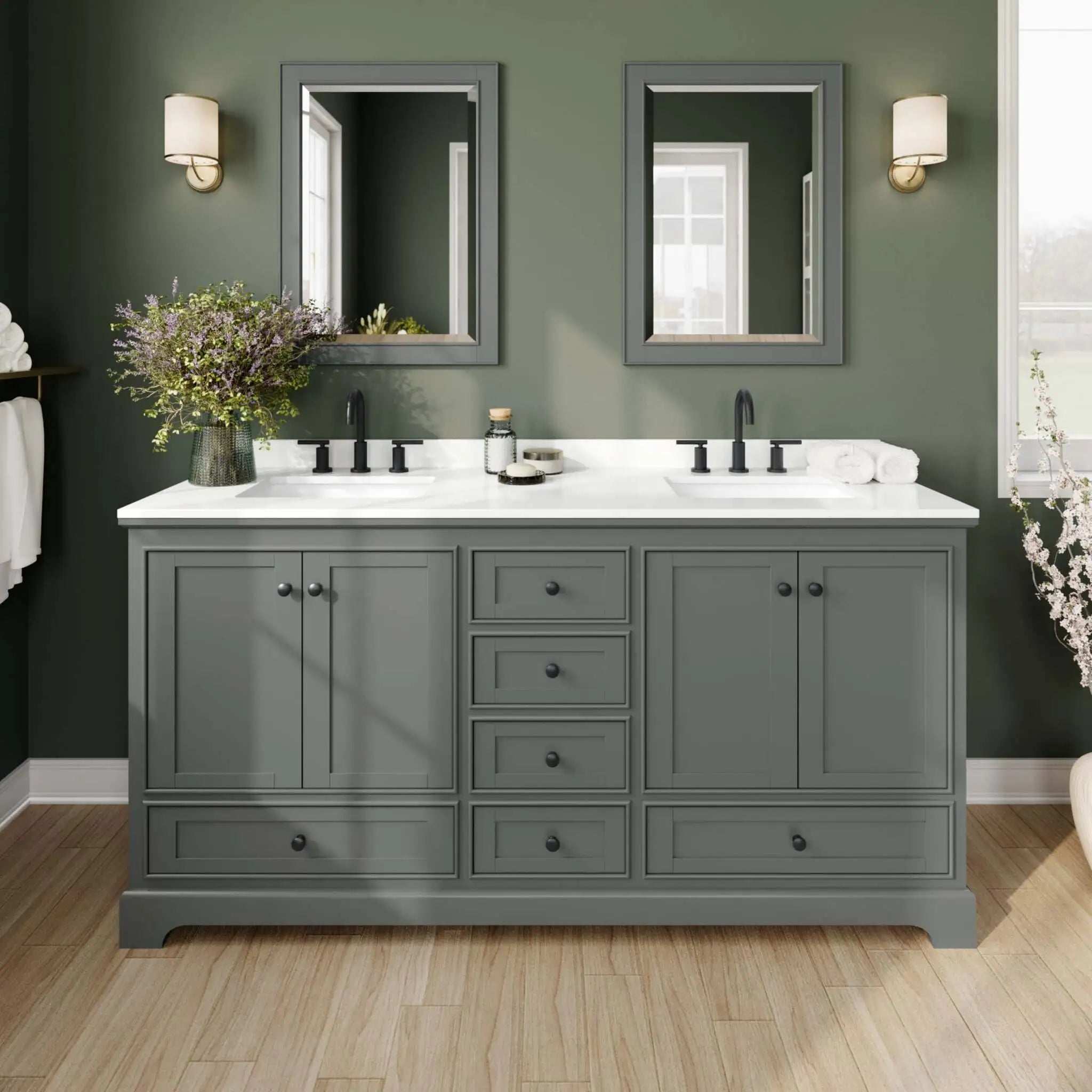 72" Deborah Double Bathroom Vanity in Dark Gray with Matte Black Trim by Wyndham