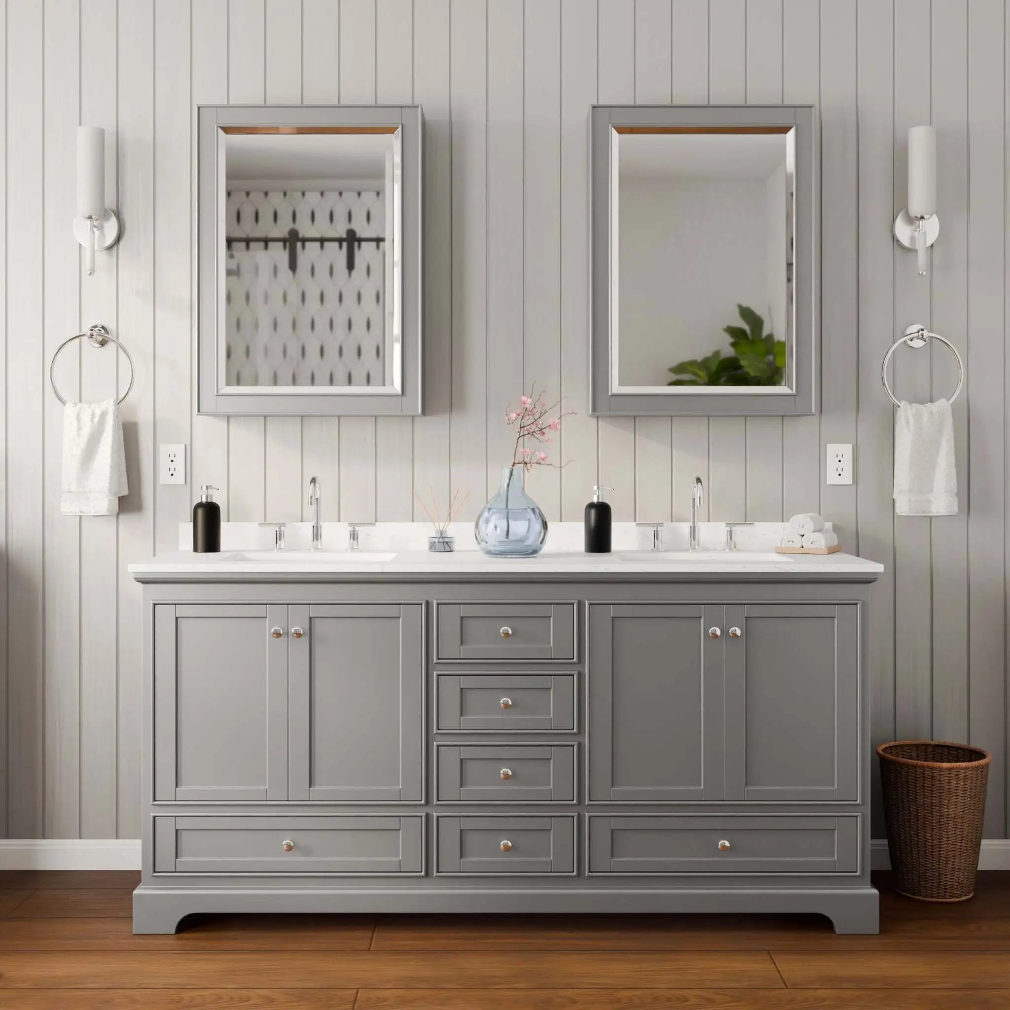 72" Deborah Double Bathroom Vanity in Dark Gray with Polished Chrome Trim & Medicine Cabinet by Wyndham