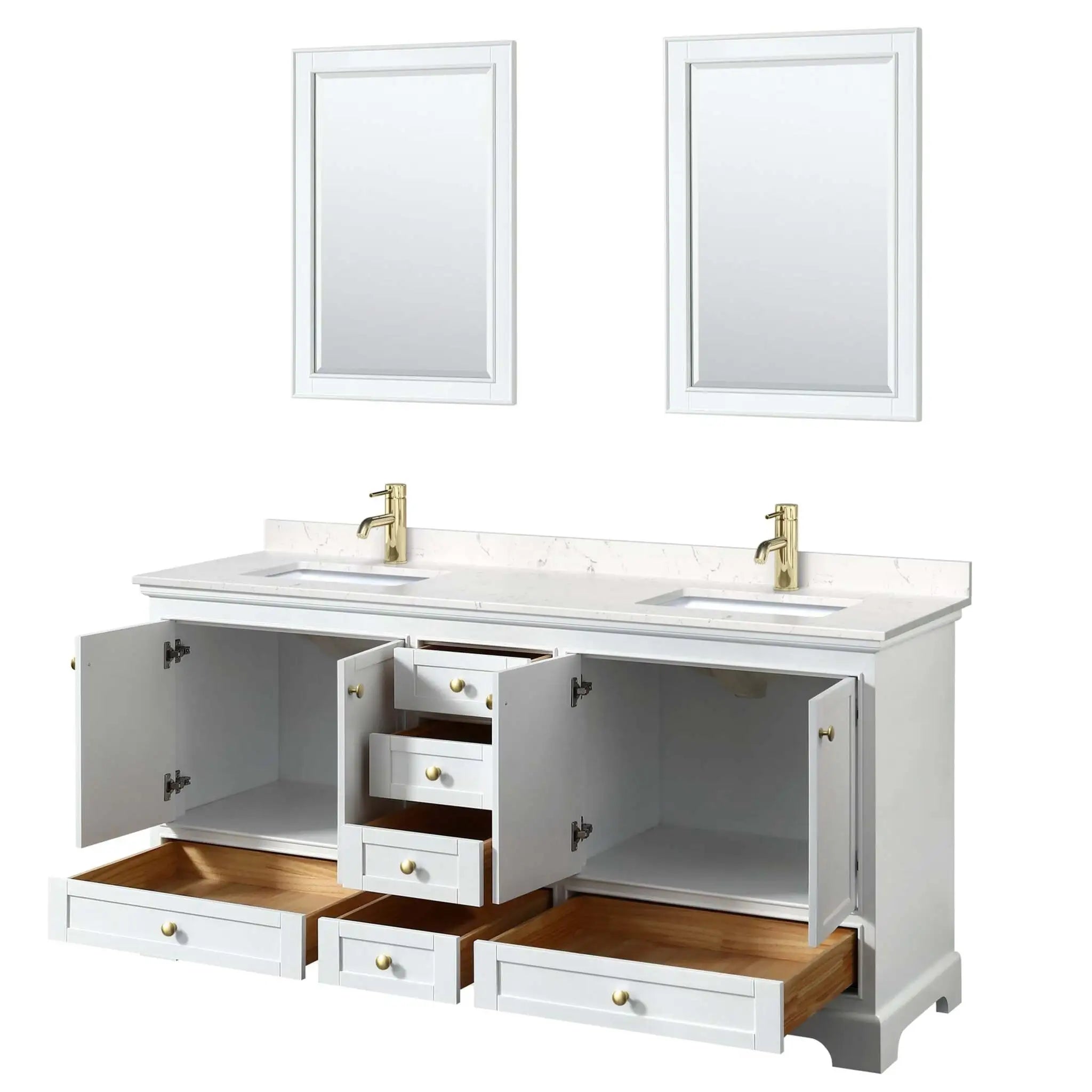 72" Deborah Double Bathroom Vanity in White with Brushed Gold Trim & 24" Mirror by Wyndham