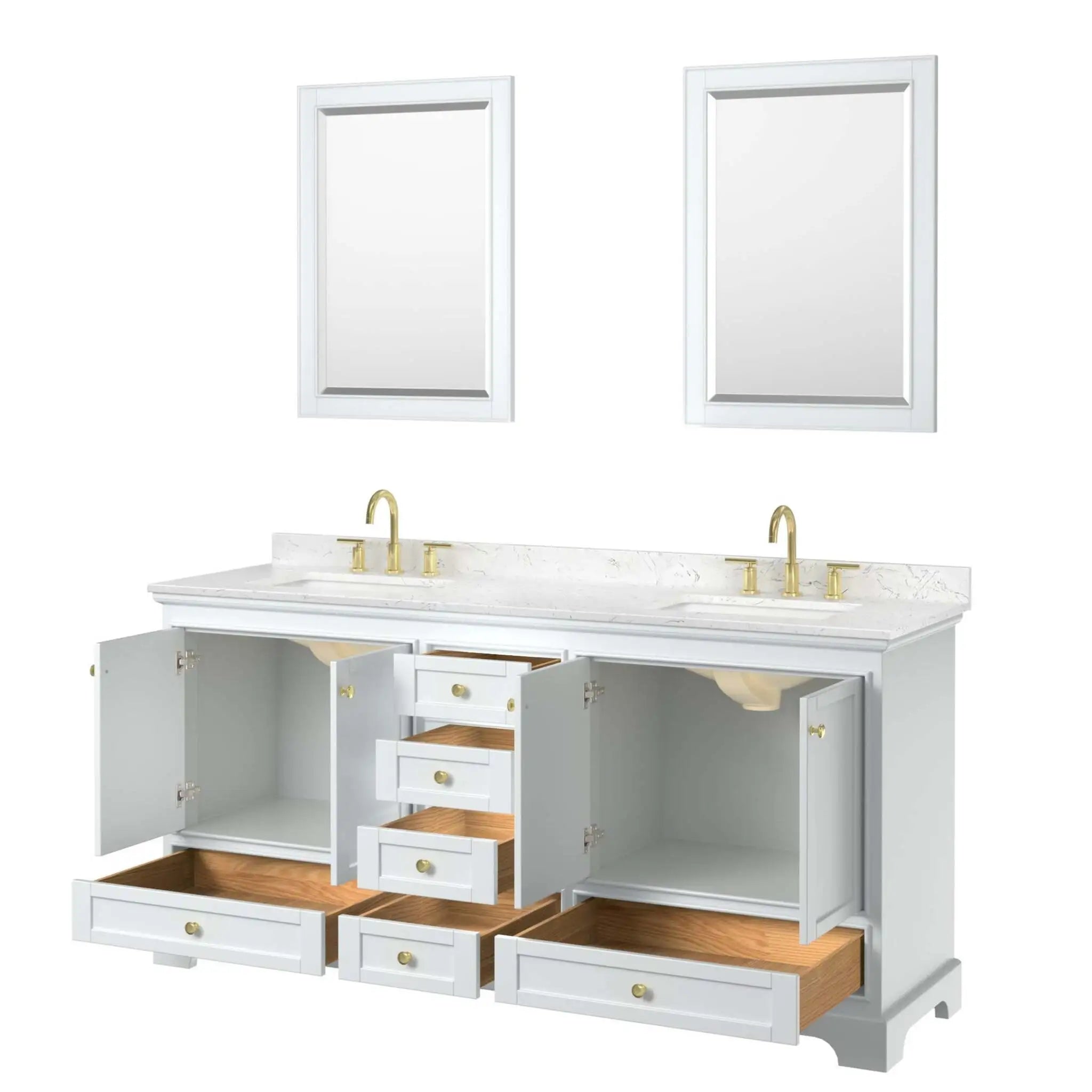72" Deborah Double Bathroom Vanity in White with Brushed Gold Trim & 24" Mirror by Wyndham