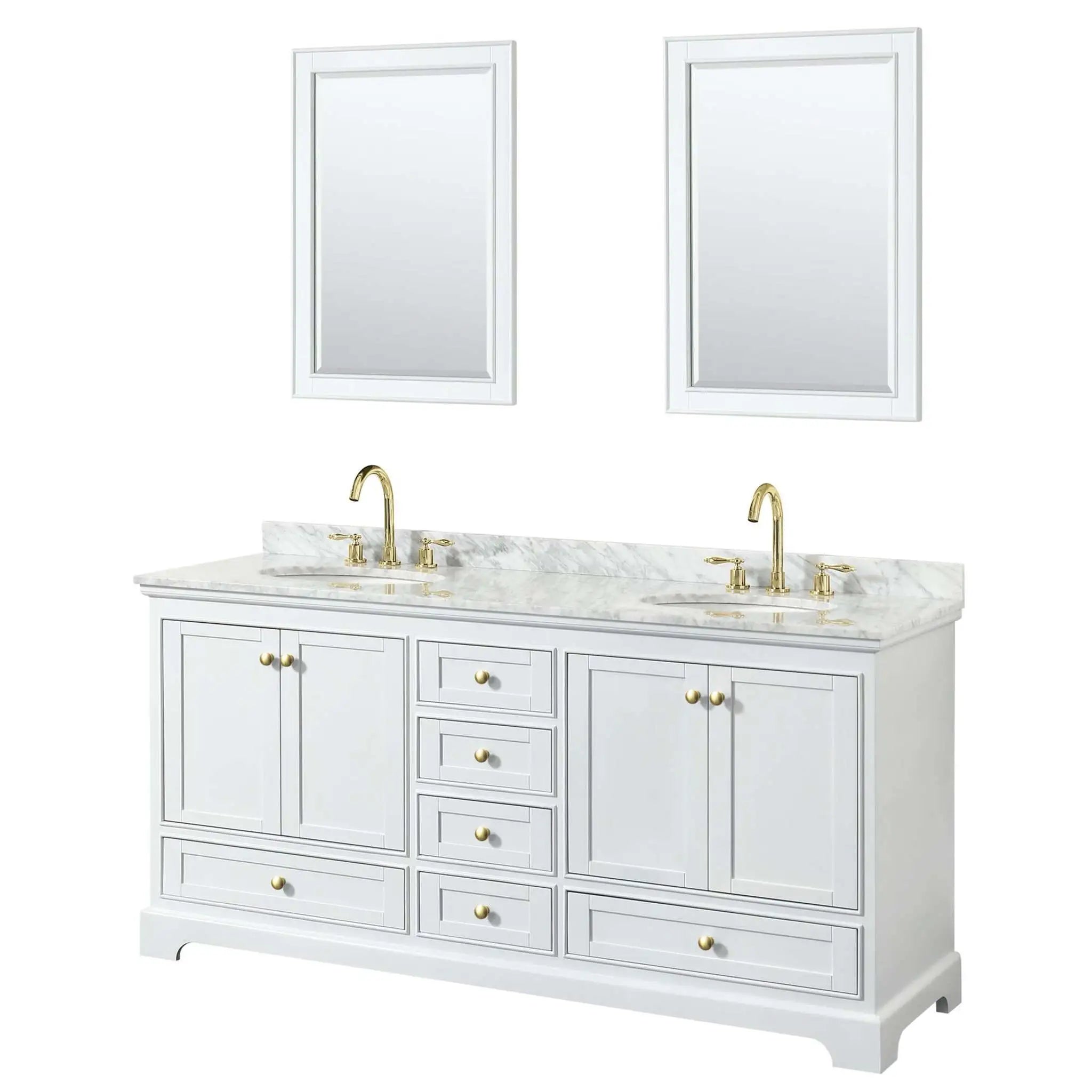 72" Deborah Double Bathroom Vanity in White with Brushed Gold Trim & 24" Mirror by Wyndham