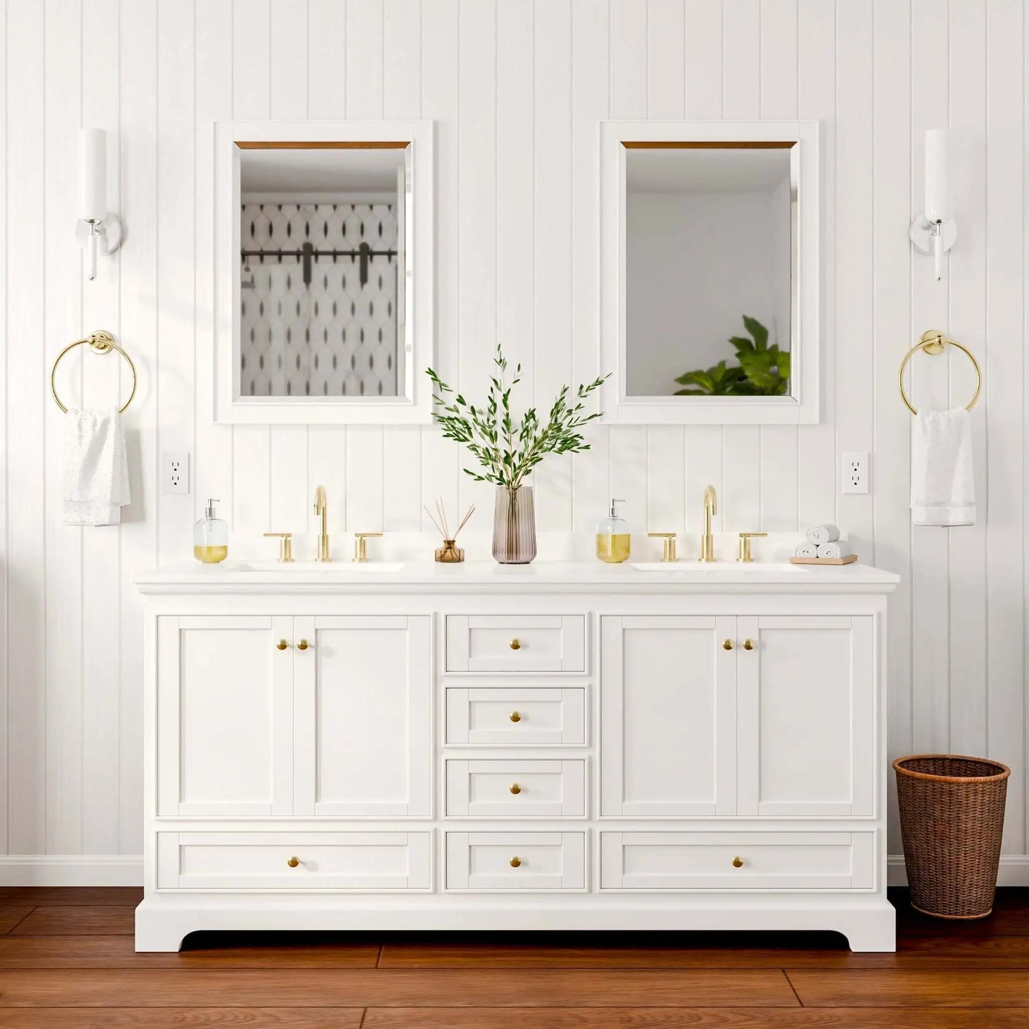 72" Deborah Double Bathroom Vanity in White with Brushed Gold Trim & 24" Mirror by Wyndham