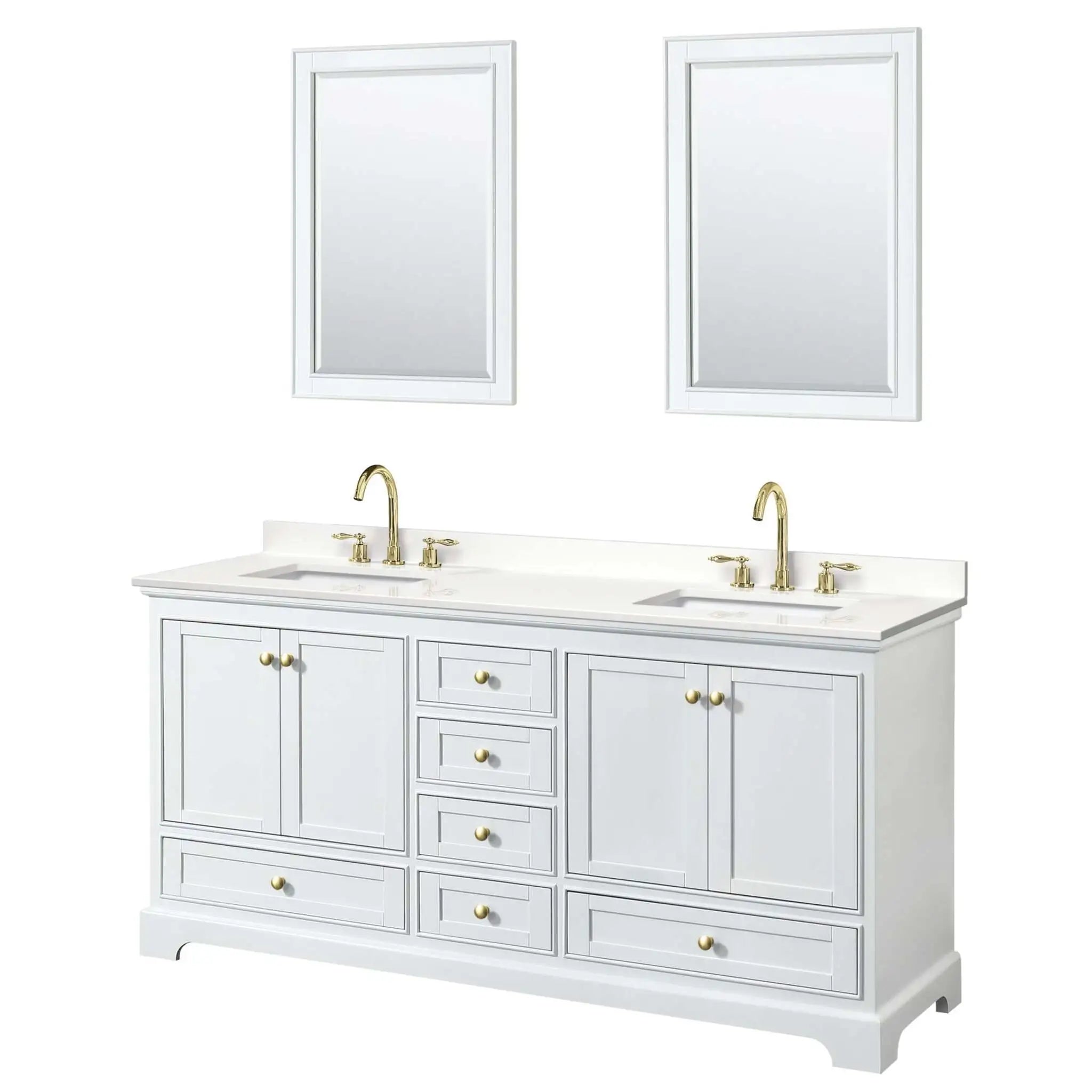 72" Deborah Double Bathroom Vanity in White with Brushed Gold Trim & 24" Mirror by Wyndham