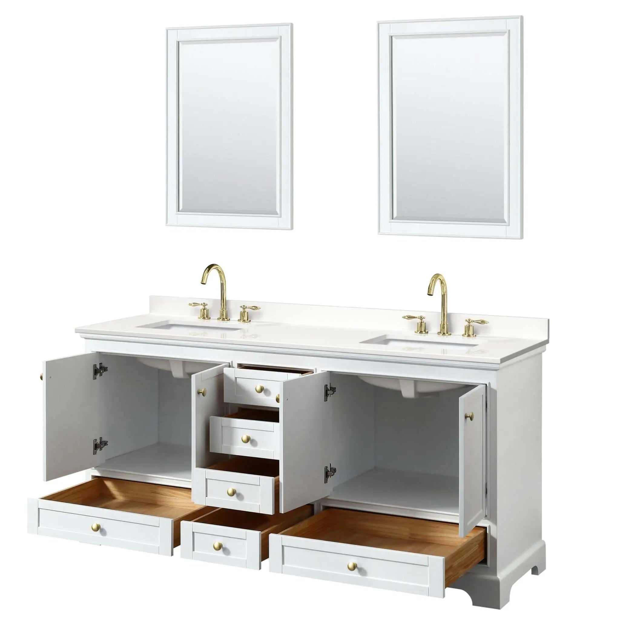 72" Deborah Double Bathroom Vanity in White with Brushed Gold Trim & 24" Mirror by Wyndham