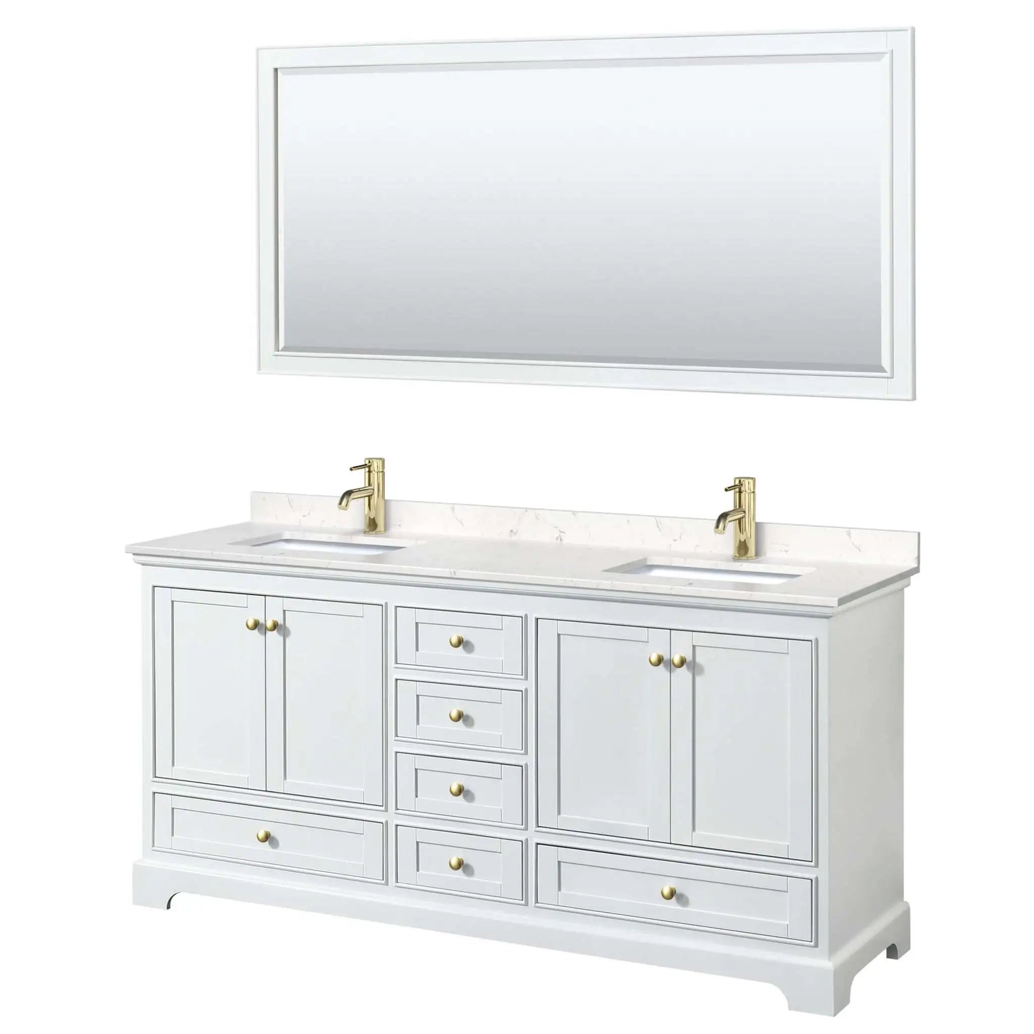 72" Deborah Double Bathroom Vanity in White with Brushed Gold Trim & 70" Mirror by Wyndham
