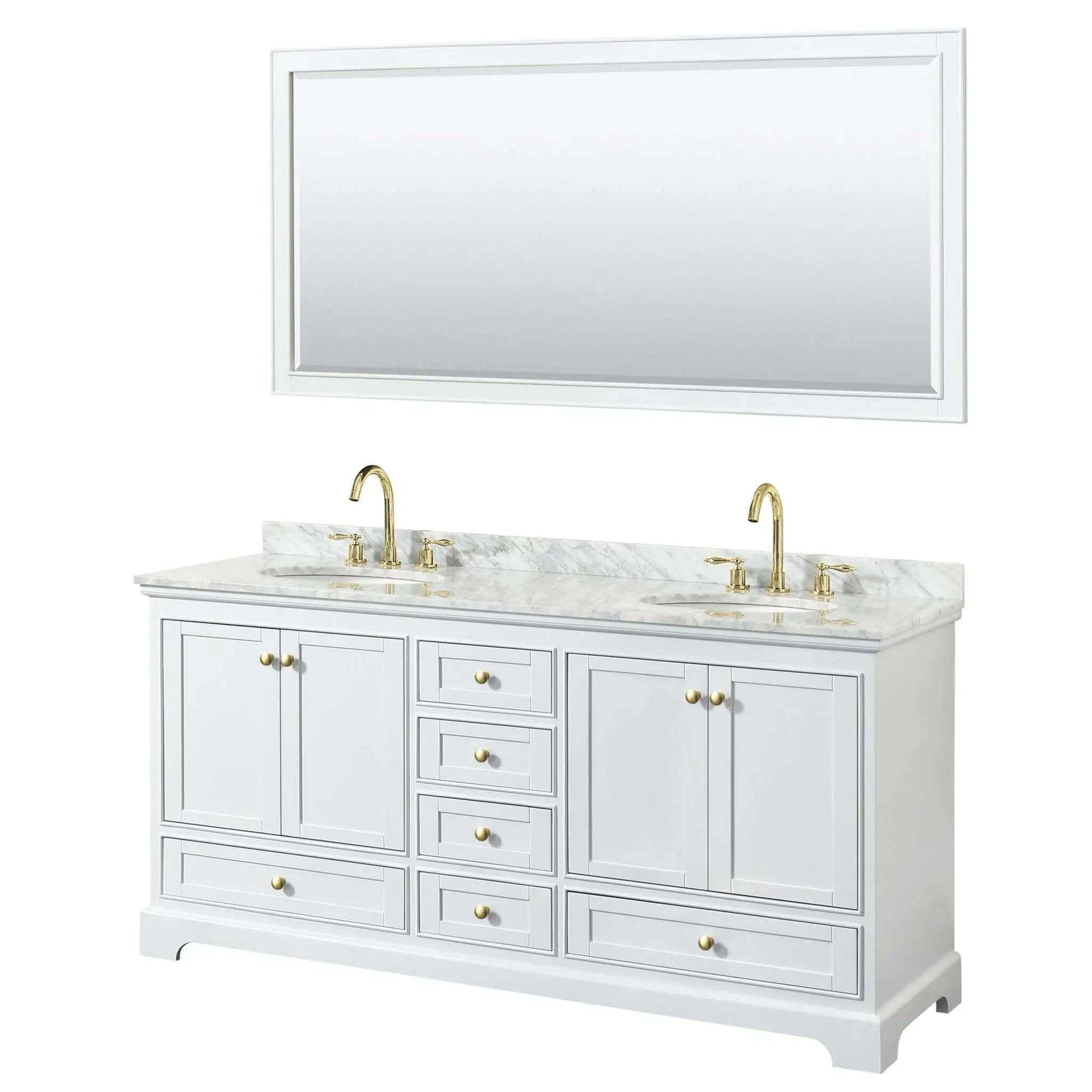 72" Deborah Double Bathroom Vanity in White with Brushed Gold Trim & 70" Mirror by Wyndham