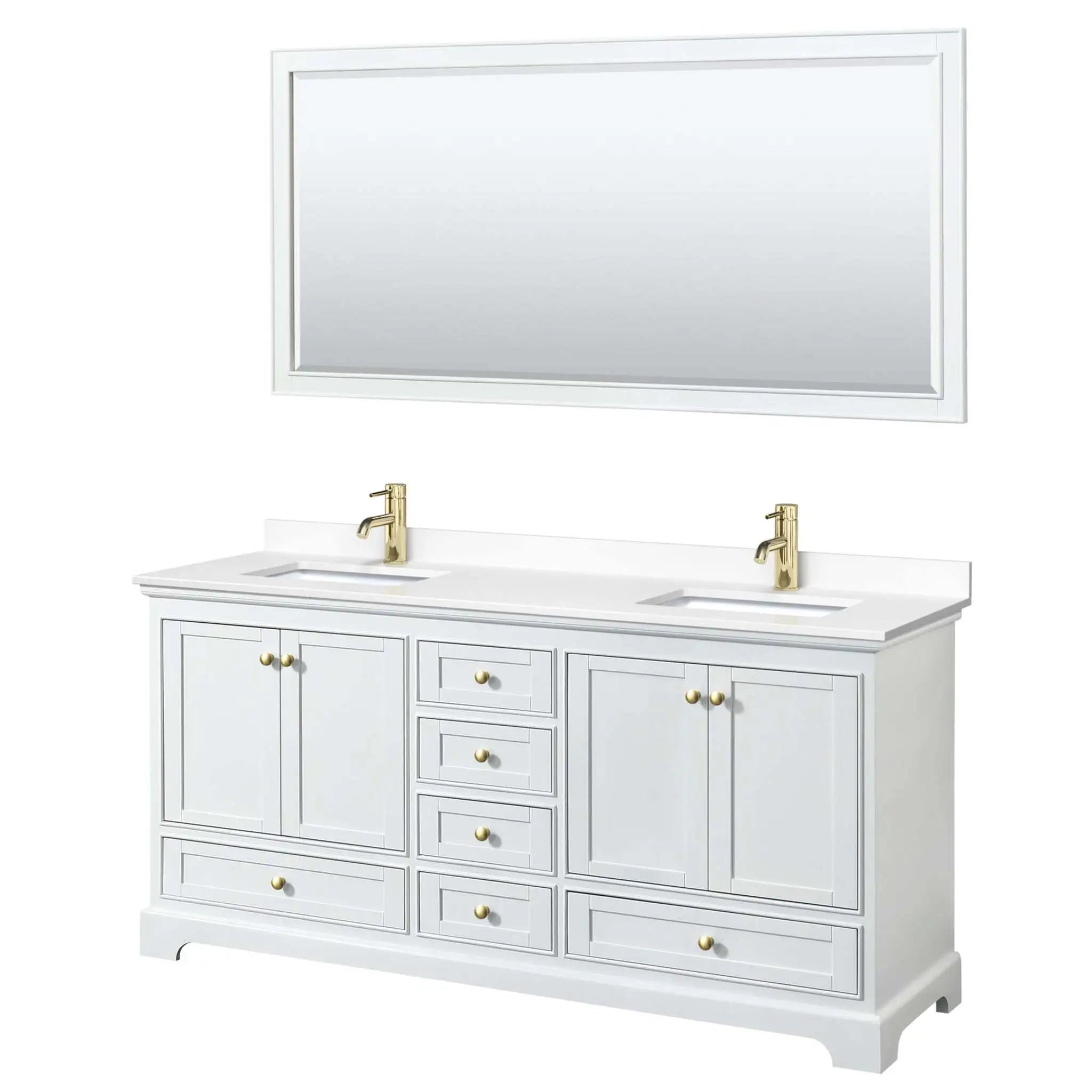 72" Deborah Double Bathroom Vanity in White with Brushed Gold Trim & 70" Mirror by Wyndham