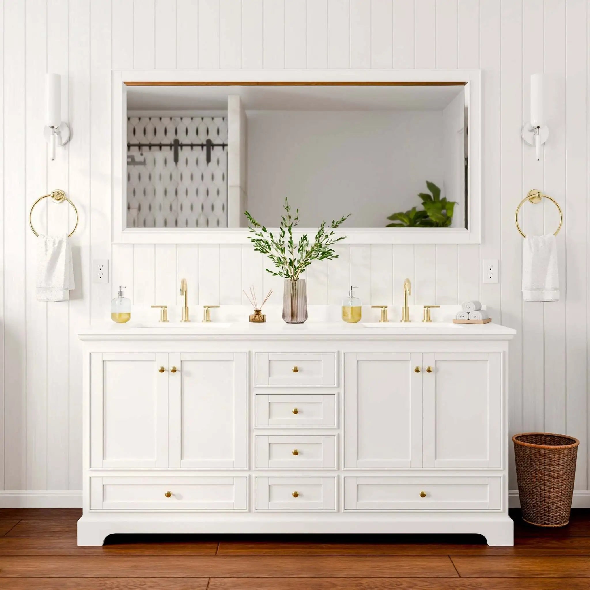 72" Deborah Double Bathroom Vanity in White with Brushed Gold Trim & 70" Mirror by Wyndham