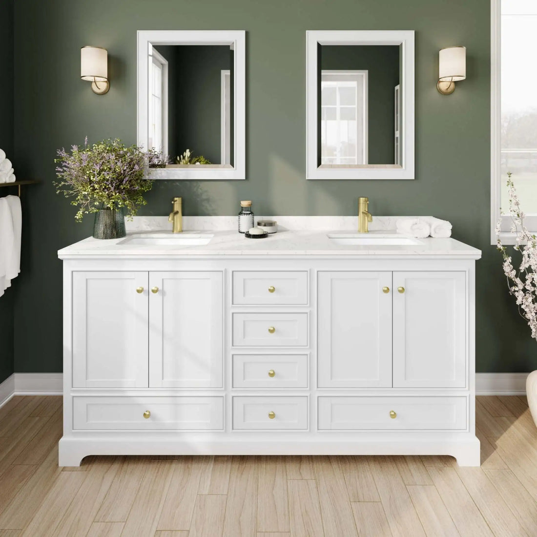 72" Deborah Double Bathroom Vanity in White with Brushed Gold Trim by Wyndham