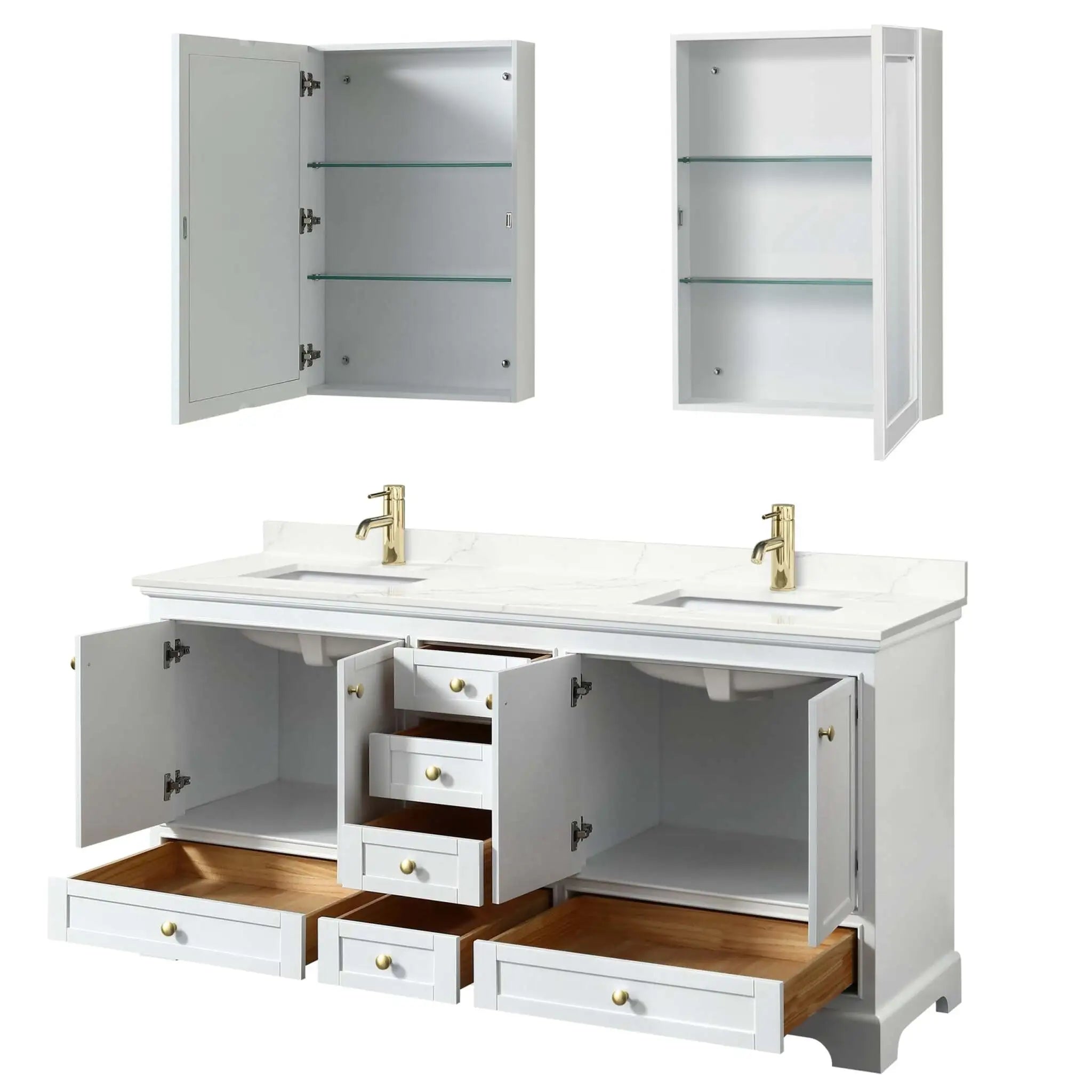 72" Deborah Double Bathroom Vanity in White with Brushed Gold Trim & Medicine Cabinet by Wyndham