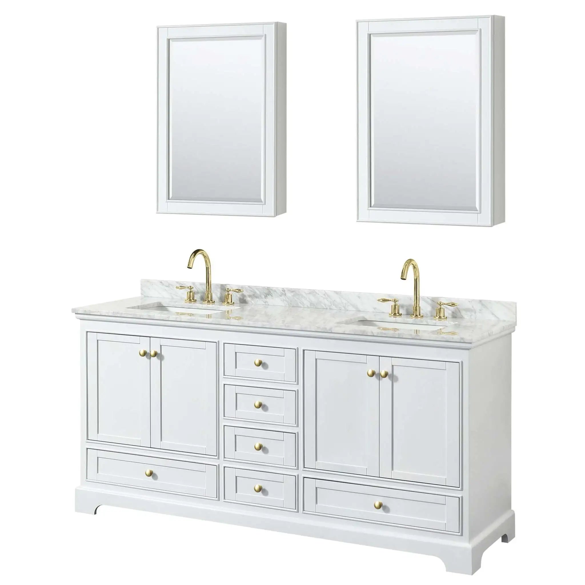 72" Deborah Double Bathroom Vanity in White with Brushed Gold Trim & Medicine Cabinet by Wyndham