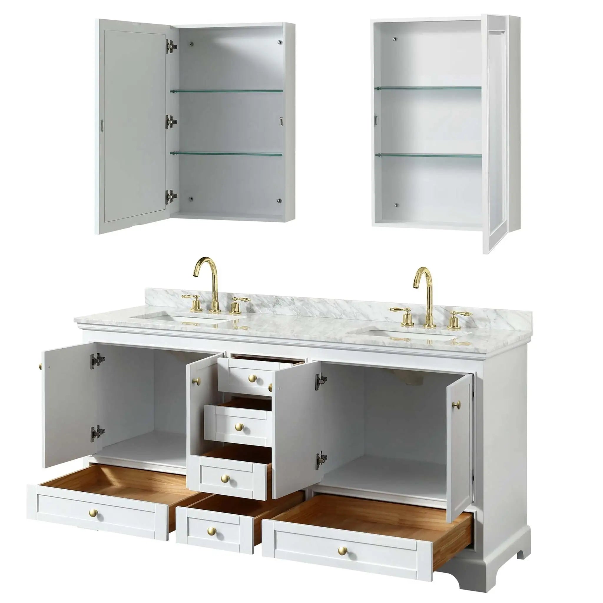 72" Deborah Double Bathroom Vanity in White with Brushed Gold Trim & Medicine Cabinet by Wyndham