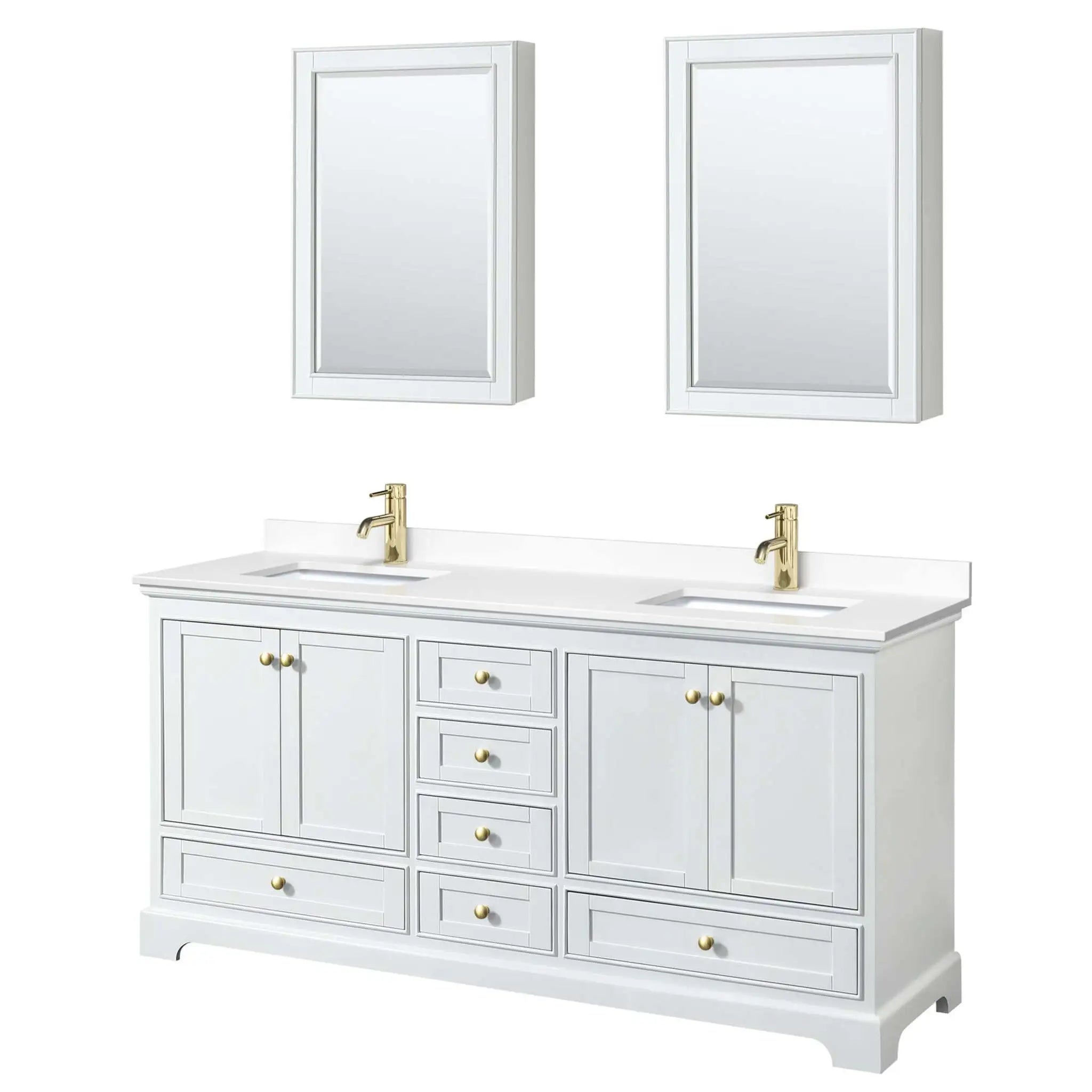 72" Deborah Double Bathroom Vanity in White with Brushed Gold Trim & Medicine Cabinet by Wyndham