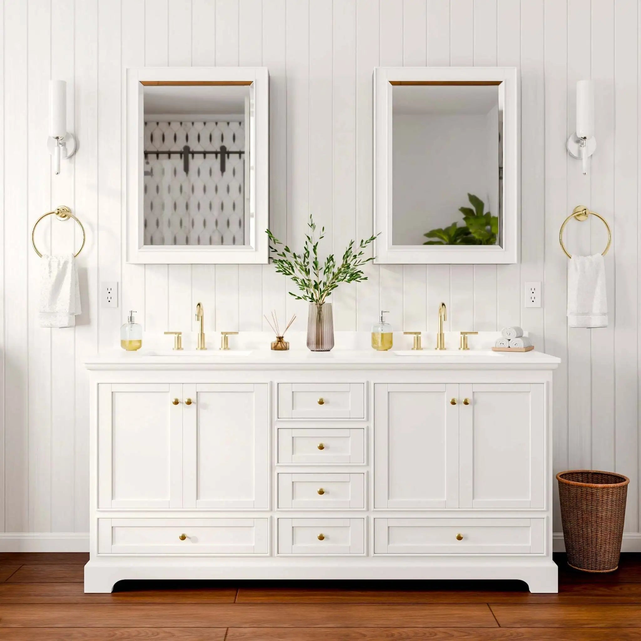 72" Deborah Double Bathroom Vanity in White with Brushed Gold Trim & Medicine Cabinet by Wyndham