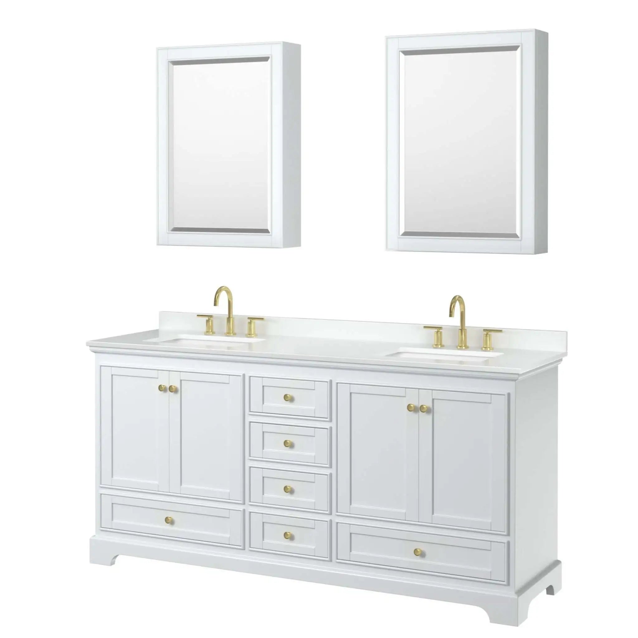 72" Deborah Double Bathroom Vanity in White with Brushed Gold Trim & Medicine Cabinet by Wyndham
