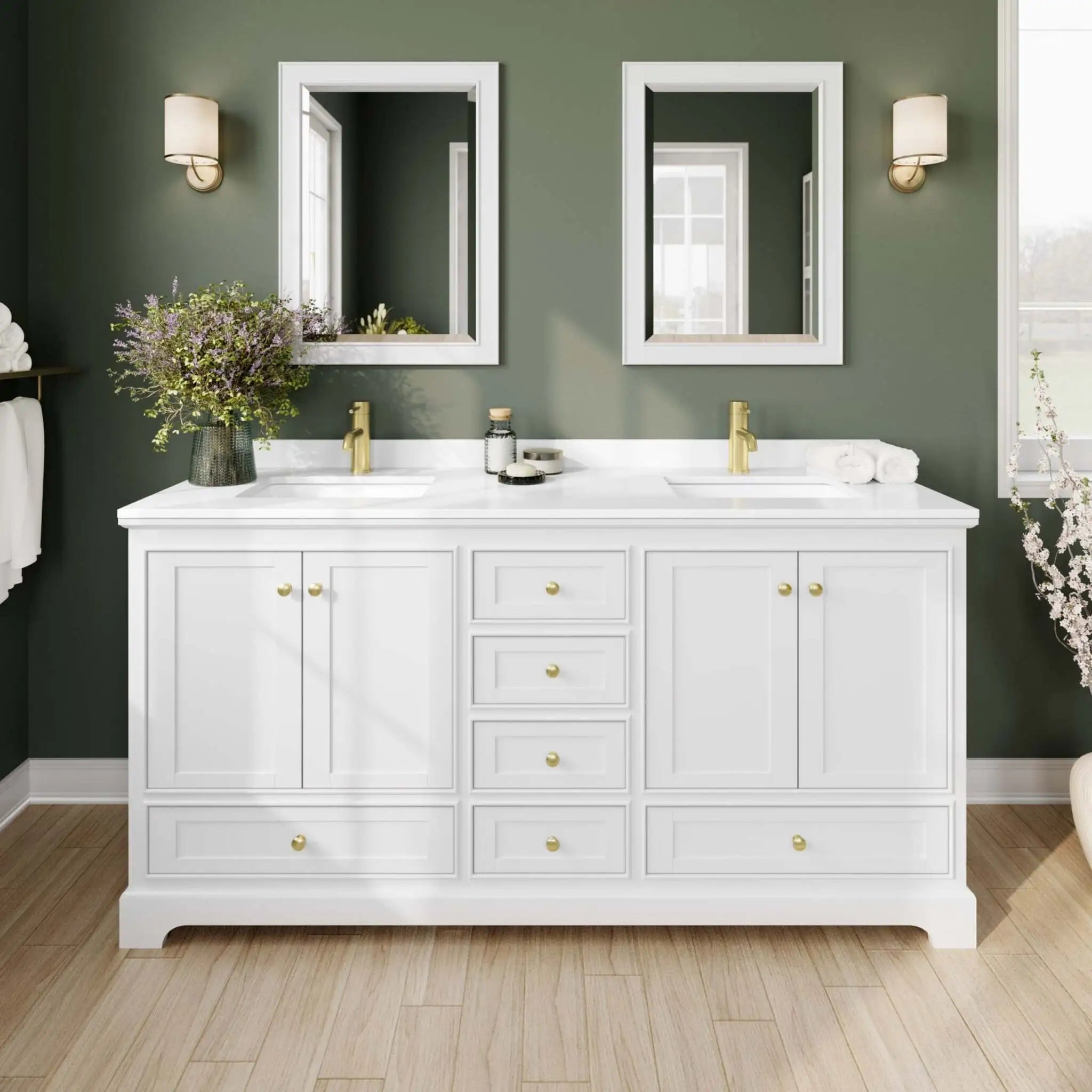72" Deborah Double Bathroom Vanity in White with Brushed Gold Trim by Wyndham