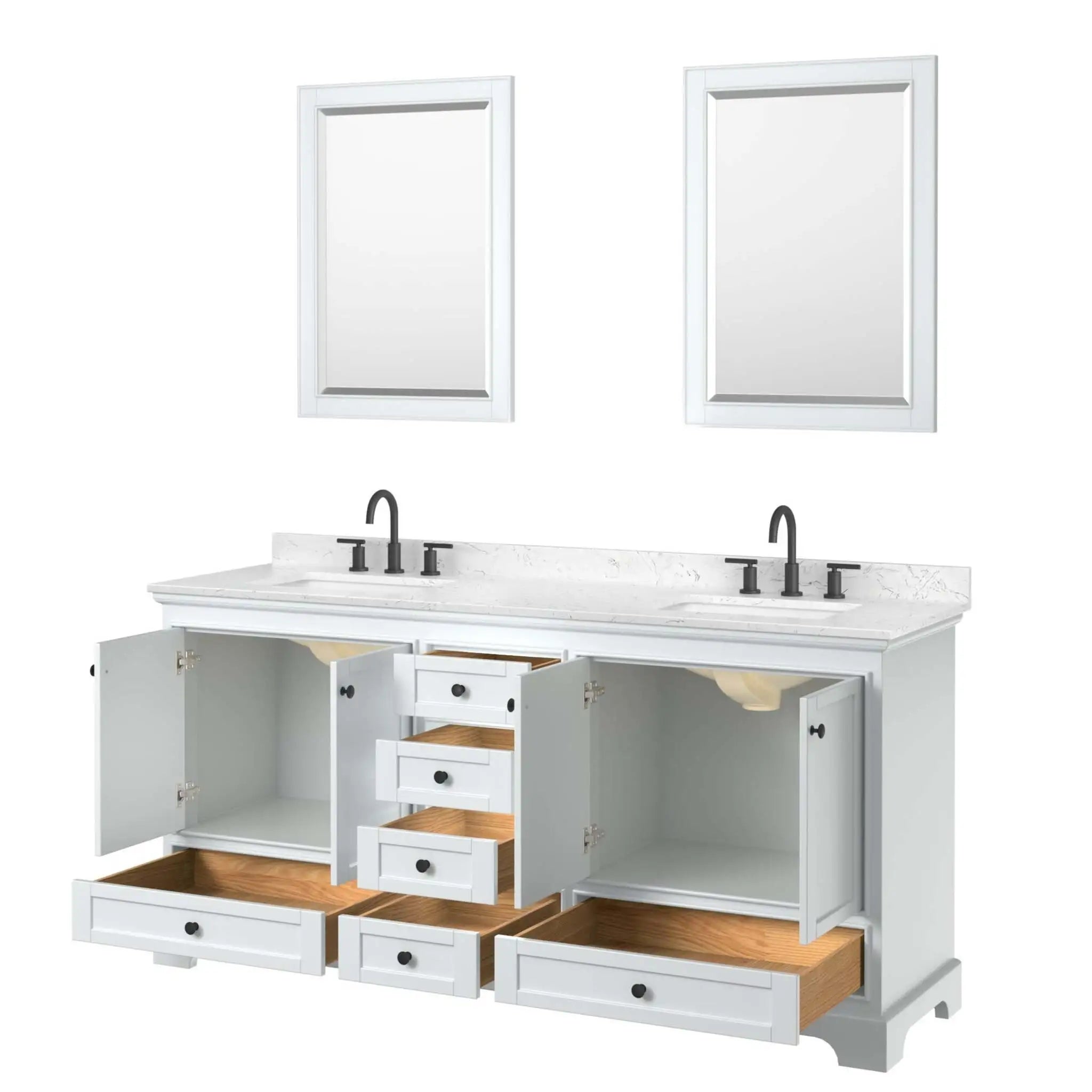 72" Deborah Double Bathroom Vanity in White with Matte Black Trim & 24" Mirror by Wyndham