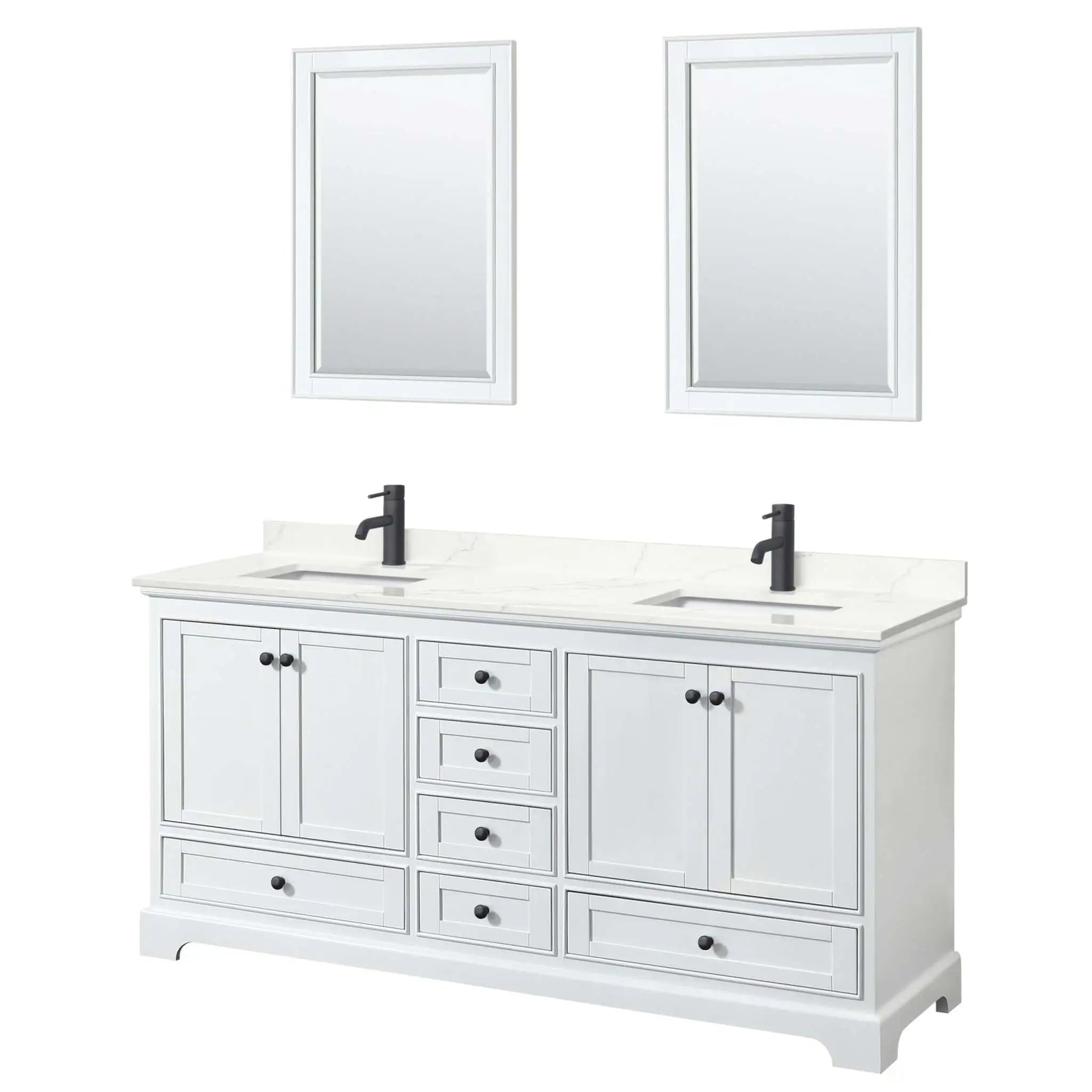 72" Deborah Double Bathroom Vanity in White with Matte Black Trim & 24" Mirror by Wyndham