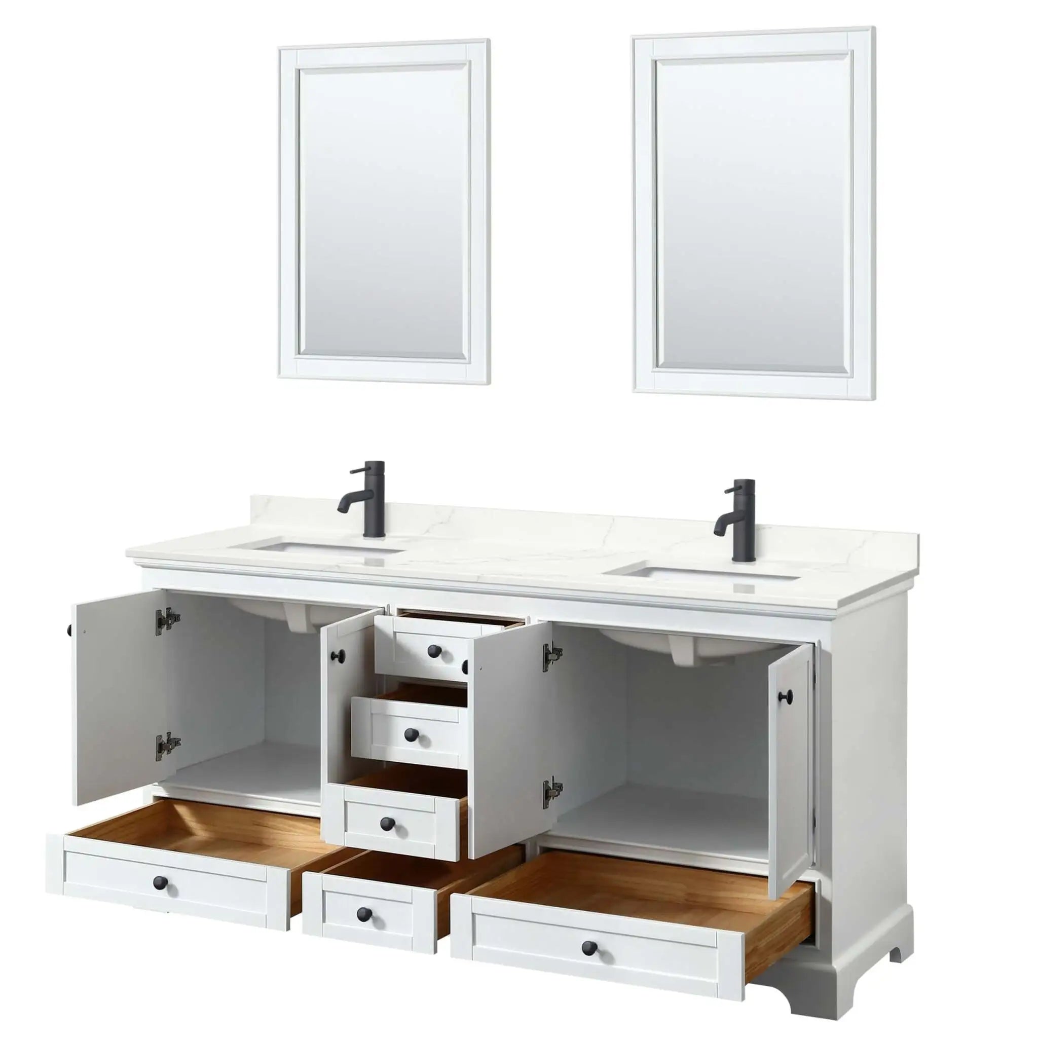 72" Deborah Double Bathroom Vanity in White with Matte Black Trim & 24" Mirror by Wyndham