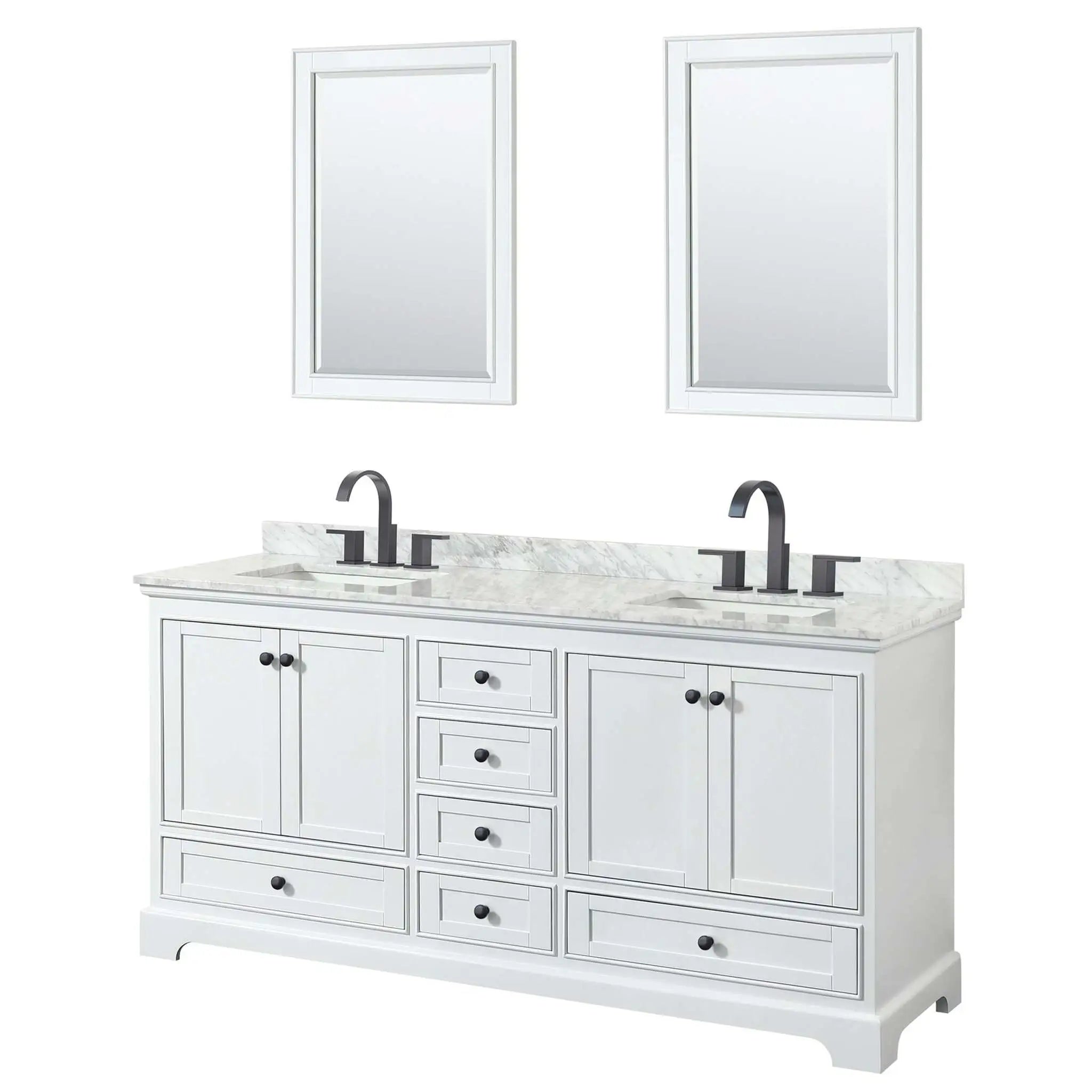 72" Deborah Double Bathroom Vanity in White with Matte Black Trim & 24" Mirror by Wyndham