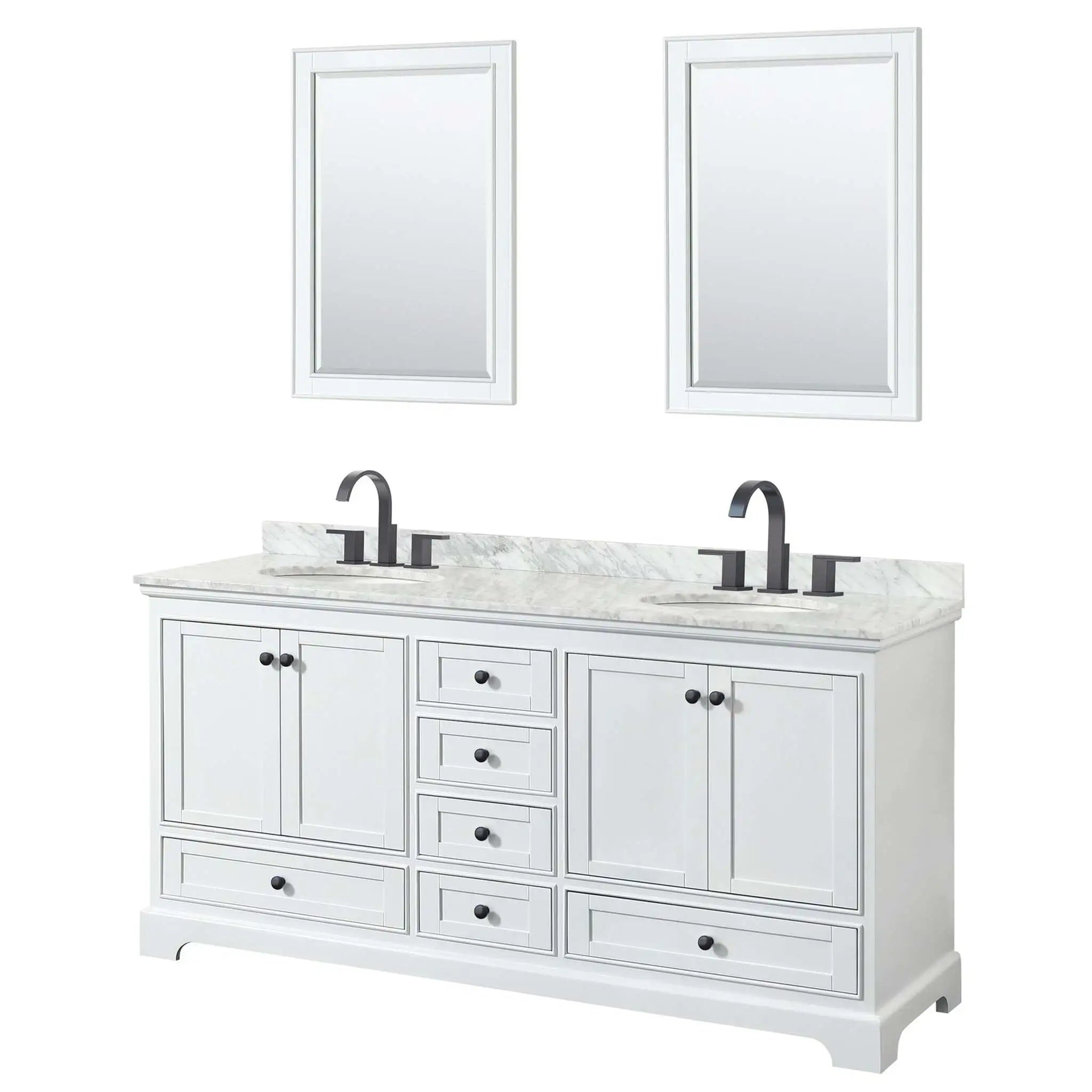 72" Deborah Double Bathroom Vanity in White with Matte Black Trim & 24" Mirror by Wyndham