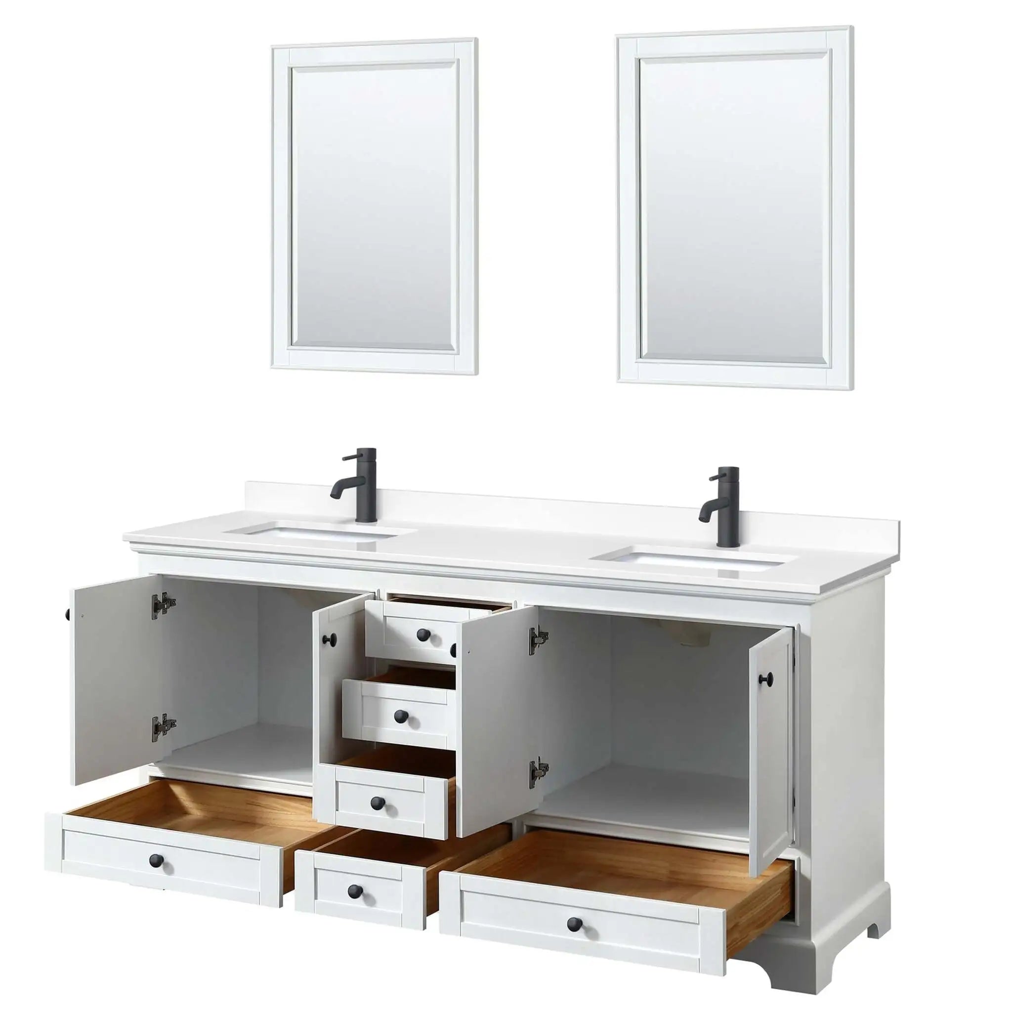 72" Deborah Double Bathroom Vanity in White with Matte Black Trim & 24" Mirror by Wyndham