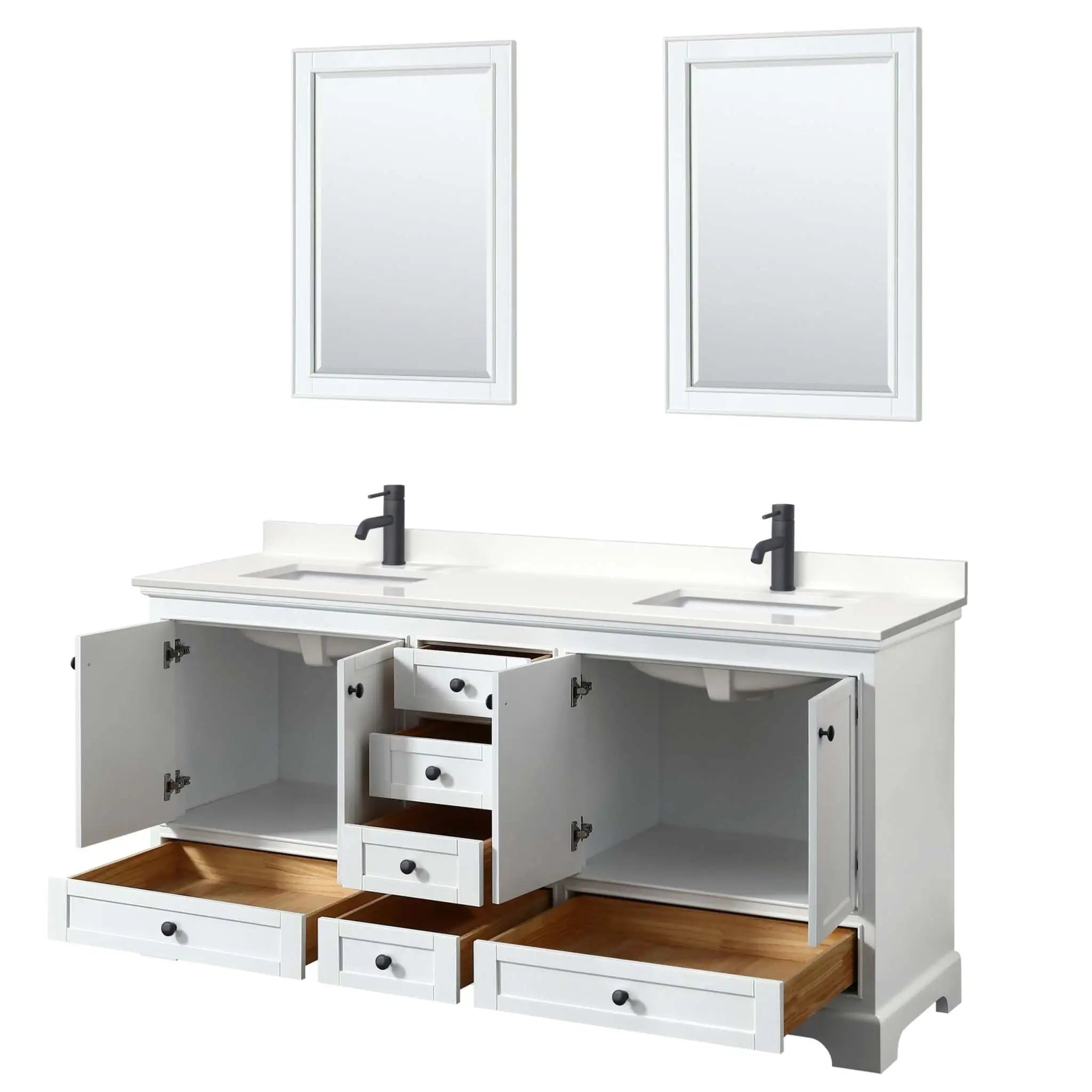 72" Deborah Double Bathroom Vanity in White with Matte Black Trim & 24" Mirror by Wyndham