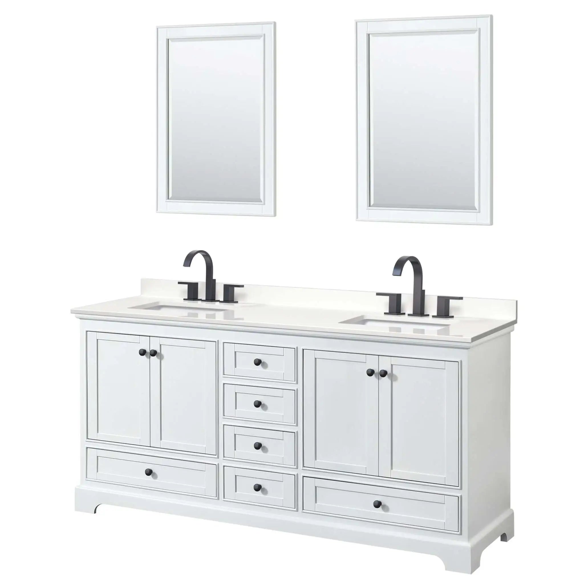 72" Deborah Double Bathroom Vanity in White with Matte Black Trim & 24" Mirror by Wyndham