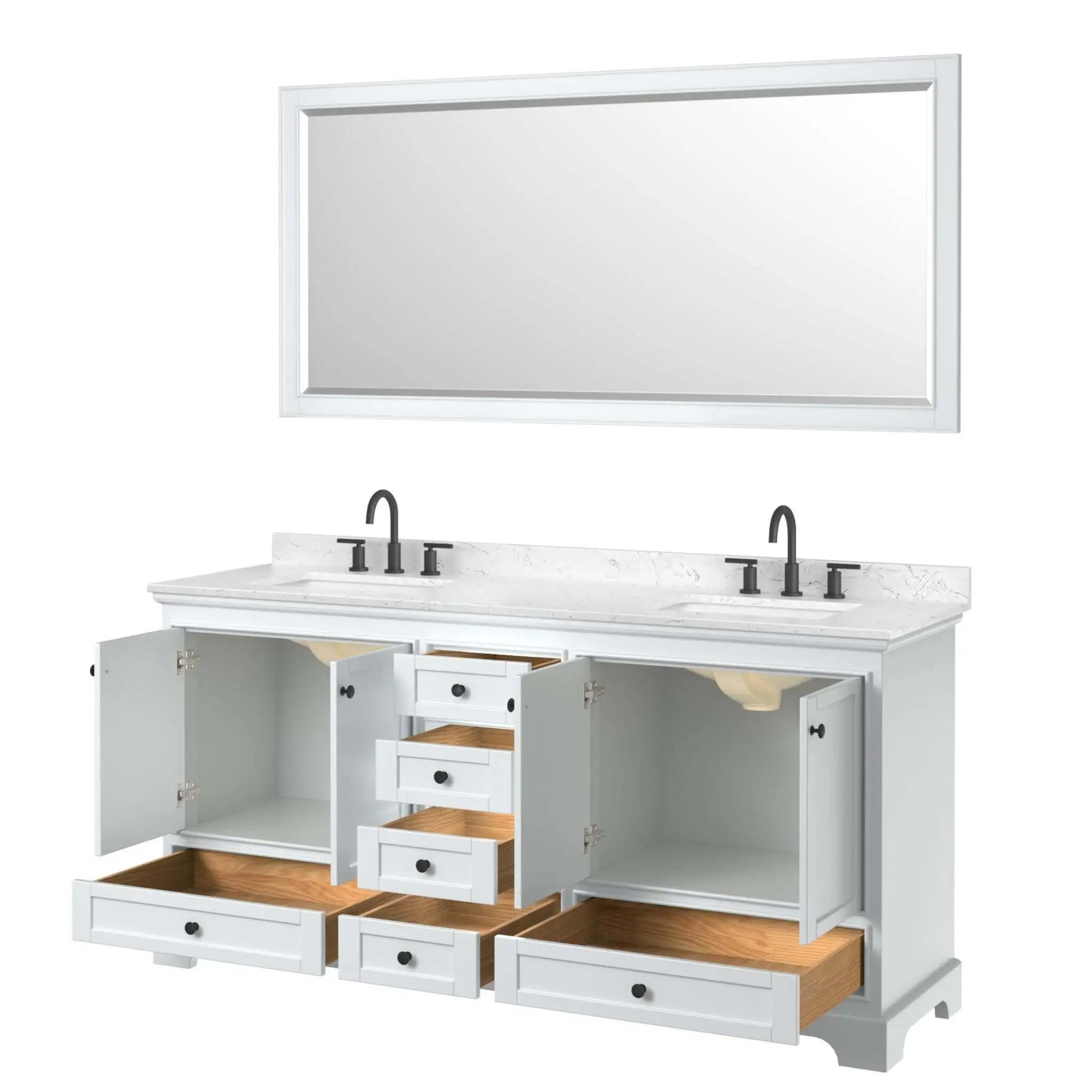 72" Deborah Double Bathroom Vanity in White with Matte Black Trim & 70" Mirror by Wyndham