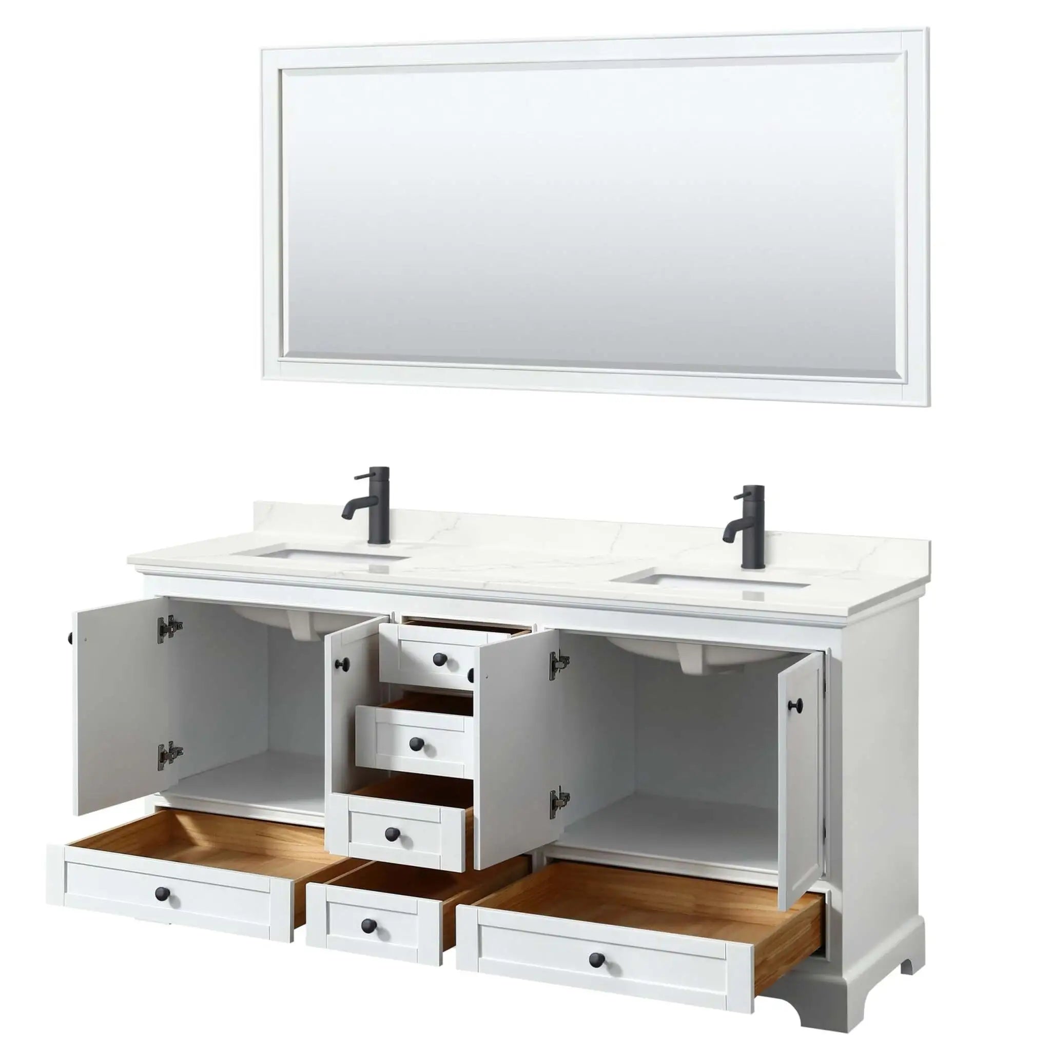 72" Deborah Double Bathroom Vanity in White with Matte Black Trim & 70" Mirror by Wyndham