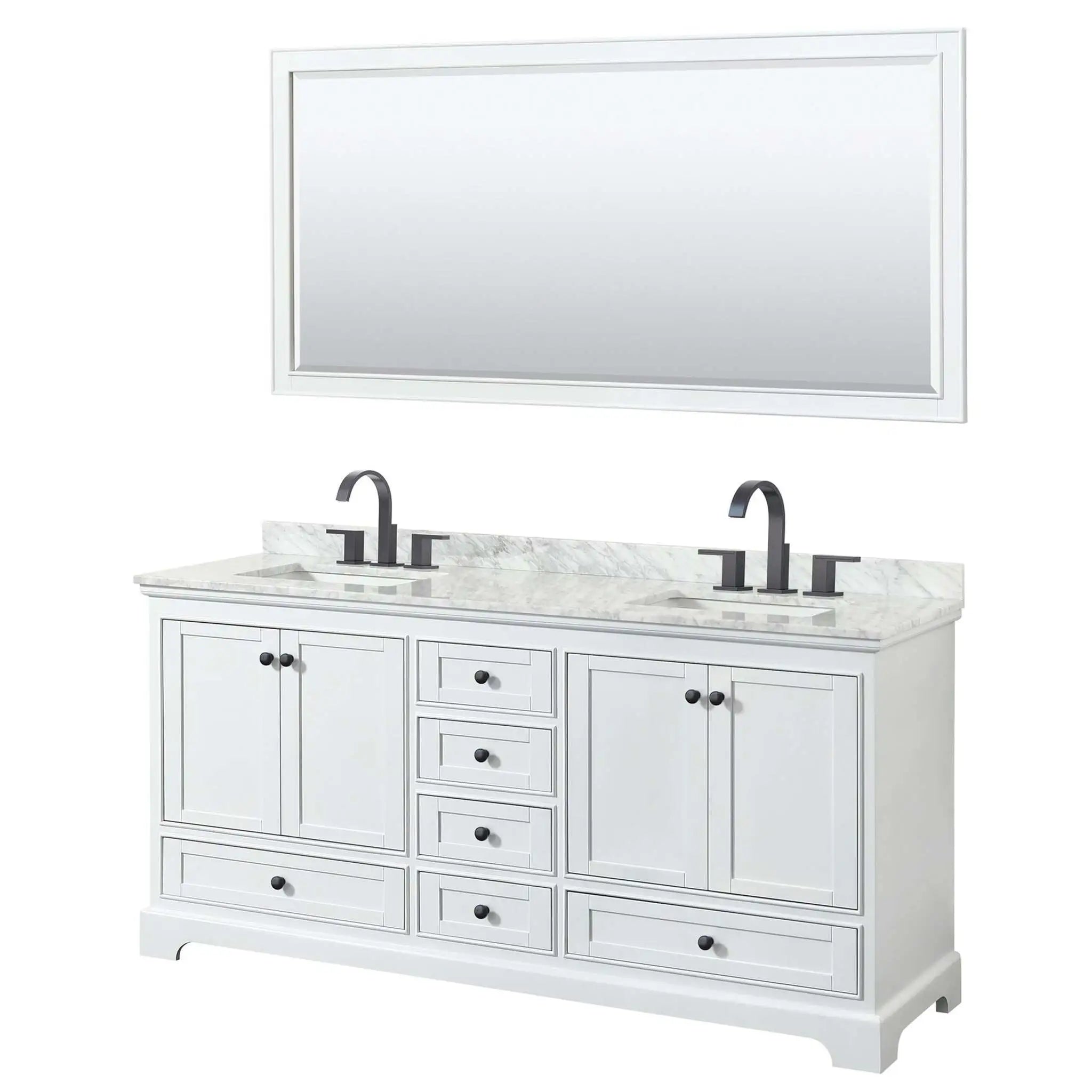 72" Deborah Double Bathroom Vanity in White with Matte Black Trim & 70" Mirror by Wyndham