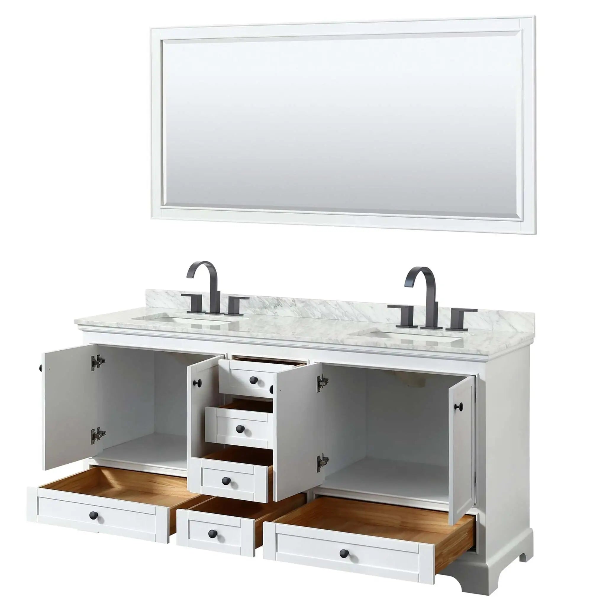 72" Deborah Double Bathroom Vanity in White with Matte Black Trim & 70" Mirror by Wyndham