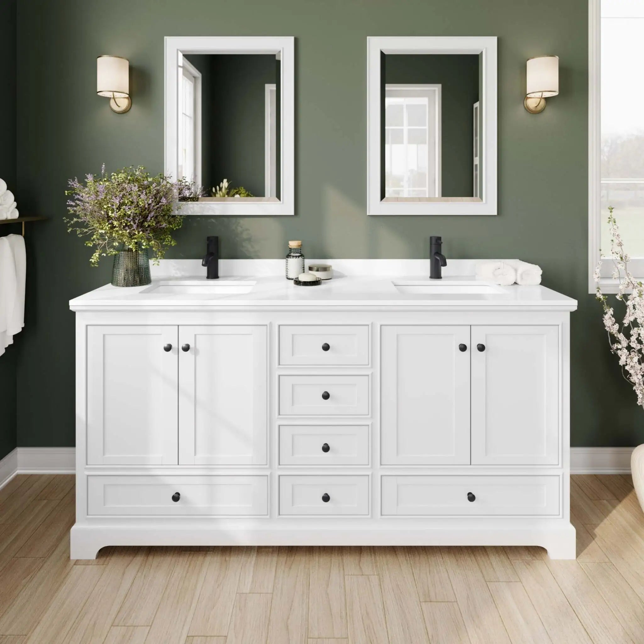 72" Deborah Double Bathroom Vanity in White with Matte Black Trim & 70" Mirror by Wyndham