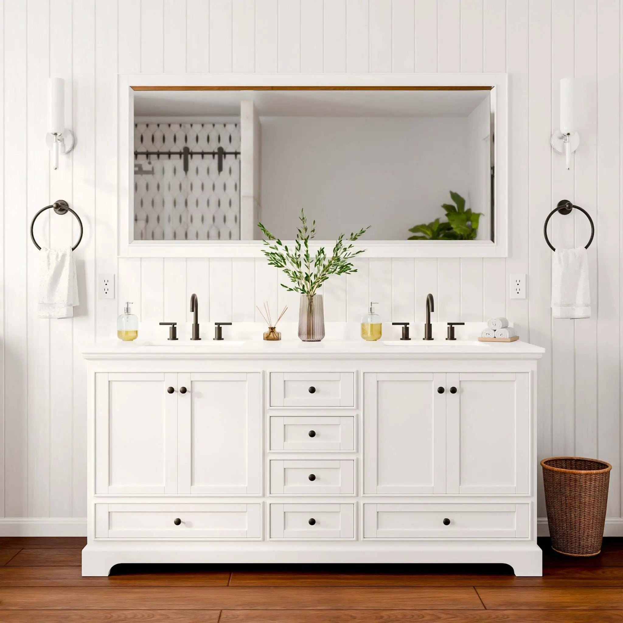 72" Deborah Double Bathroom Vanity in White with Matte Black Trim & 70" Mirror by Wyndham