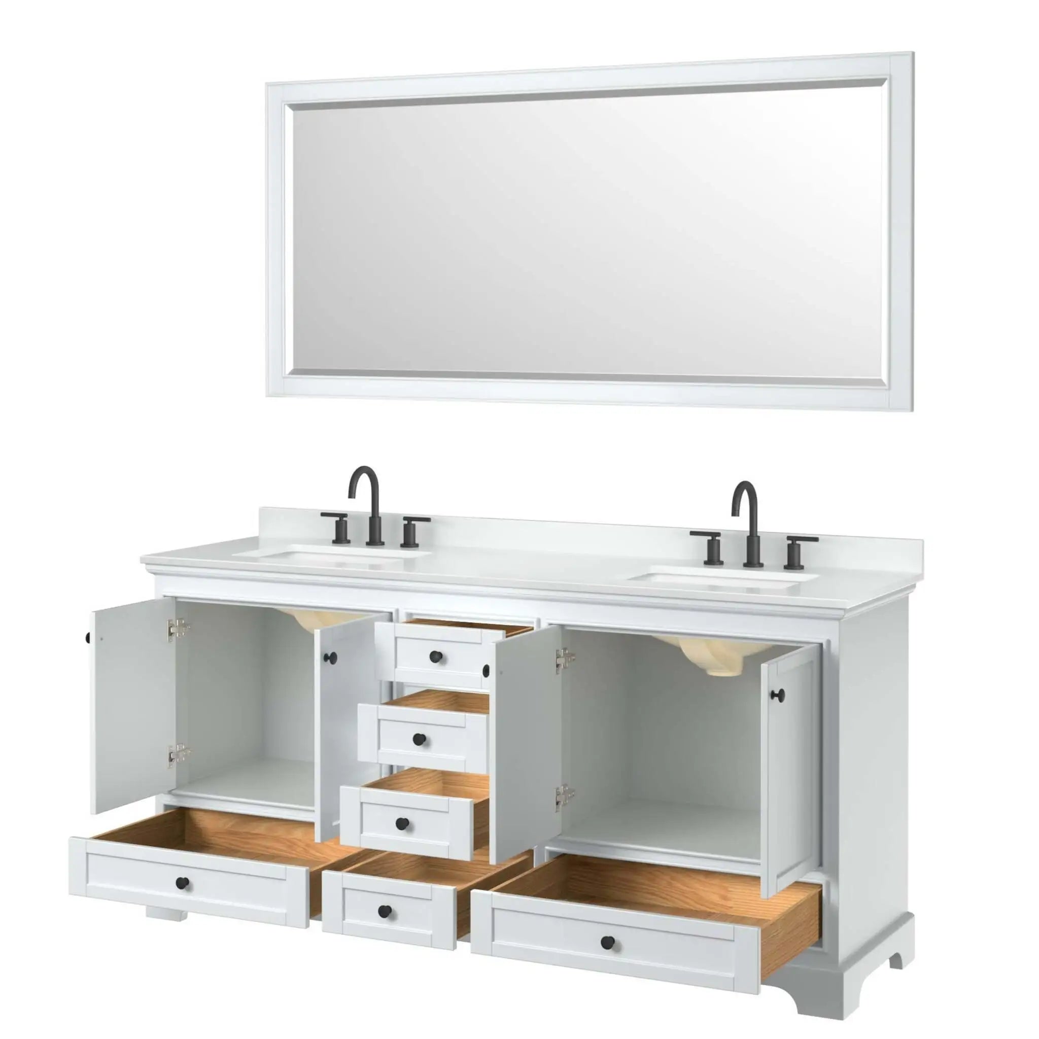 72" Deborah Double Bathroom Vanity in White with Matte Black Trim & 70" Mirror by Wyndham