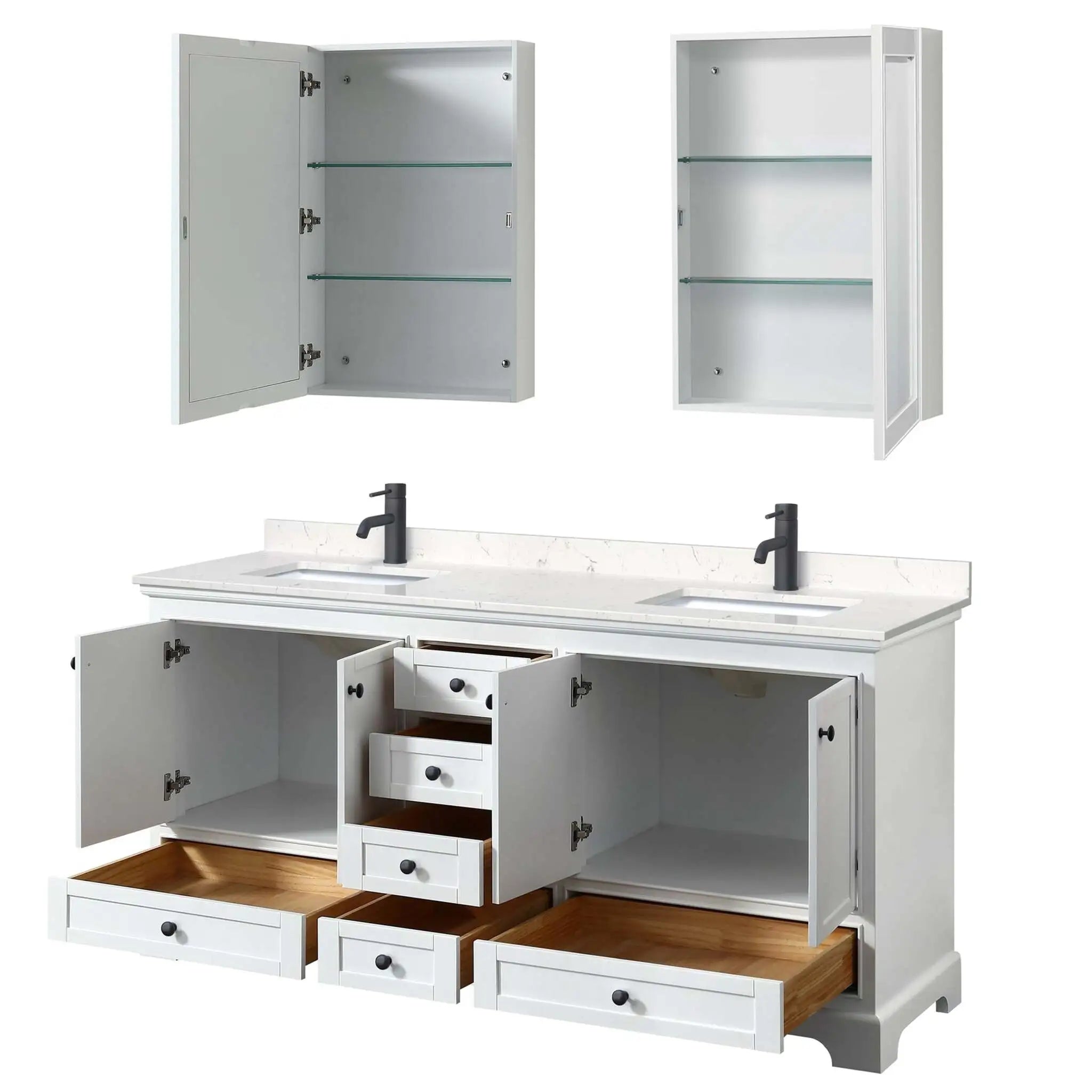 72" Deborah Double Bathroom Vanity in White with Matte Black Trim & Medicine Cabinet by Wyndham