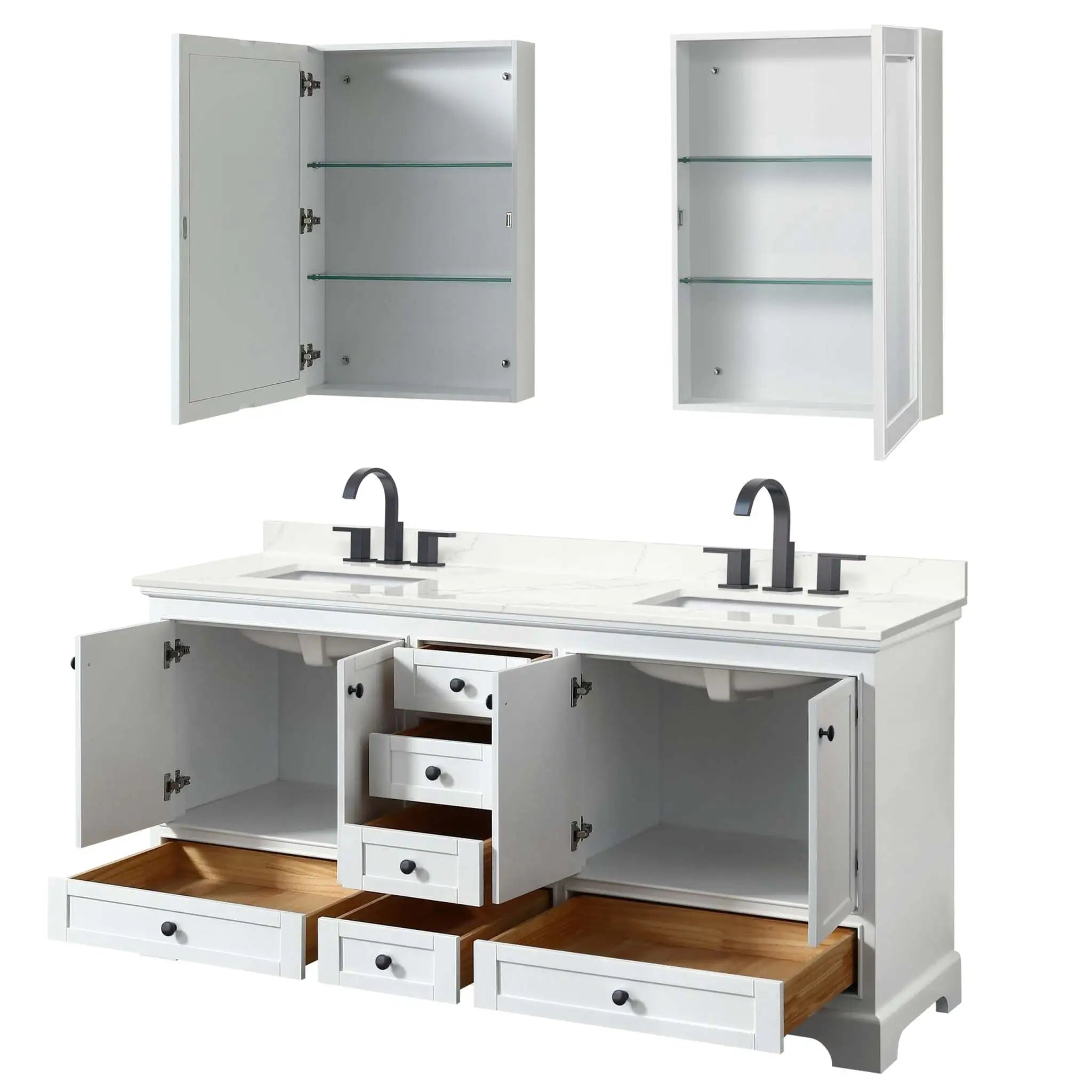 72" Deborah Double Bathroom Vanity in White with Matte Black Trim & Medicine Cabinet by Wyndham