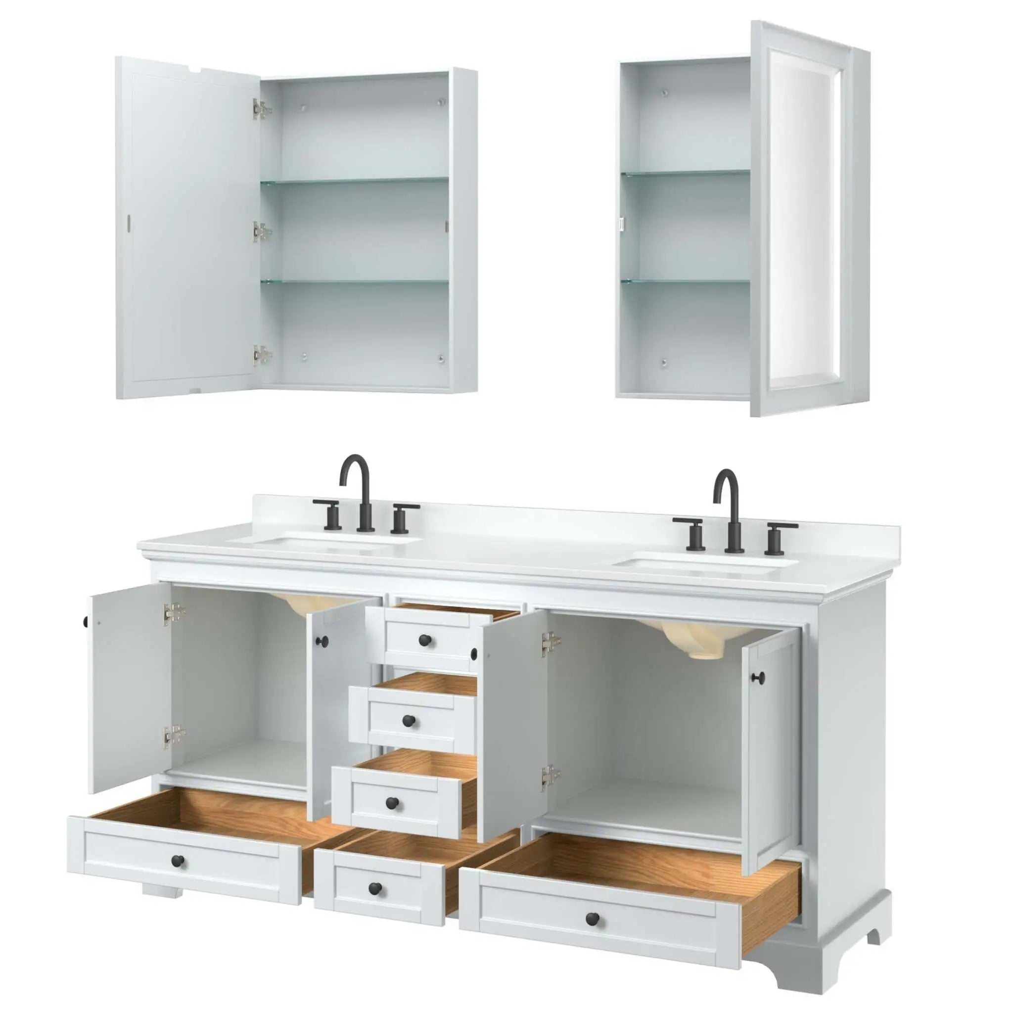 72" Deborah Double Bathroom Vanity in White with Matte Black Trim & Medicine Cabinet by Wyndham