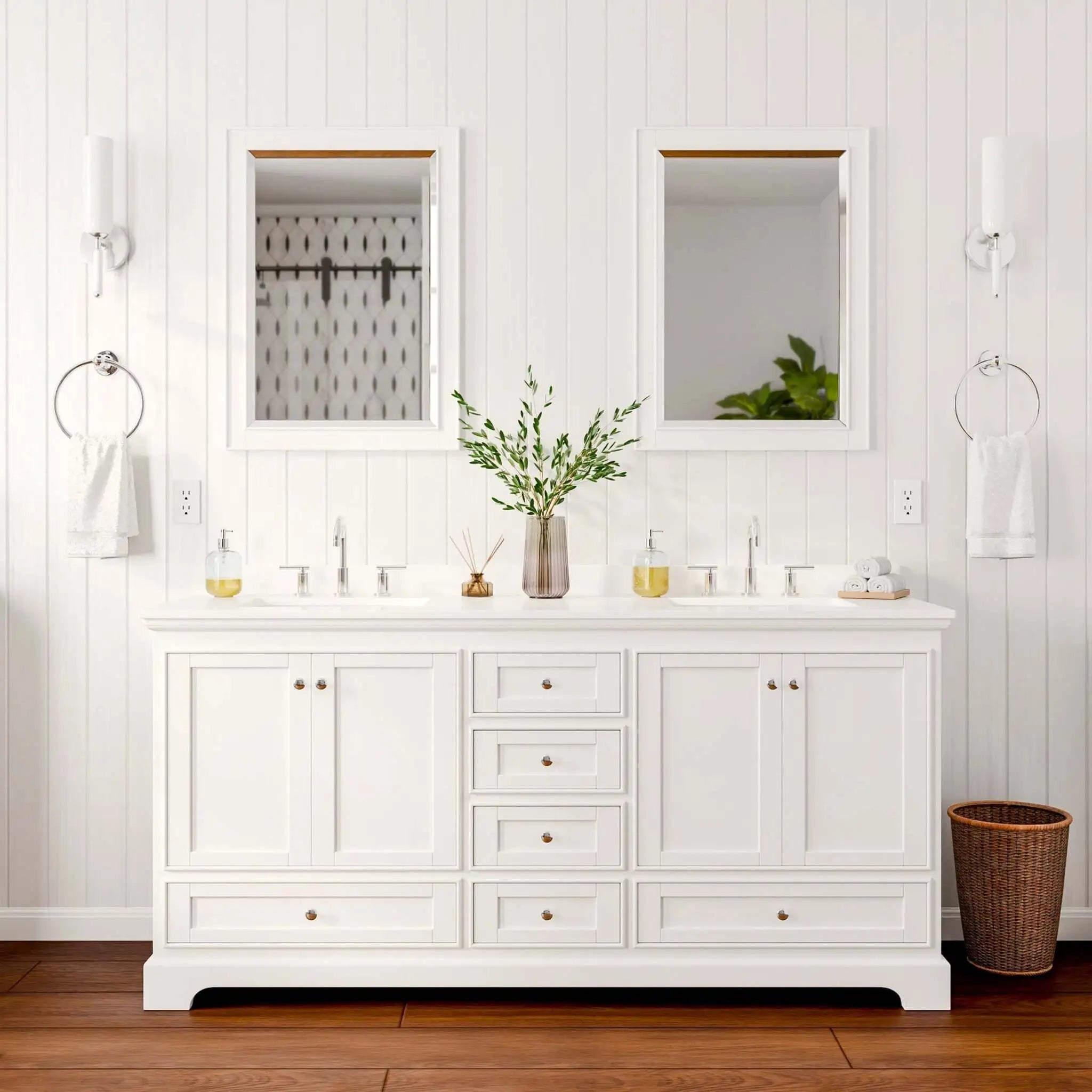 72" Deborah Double Bathroom Vanity in White with Polished Chrome Trim & 24" Mirror by Wyndham