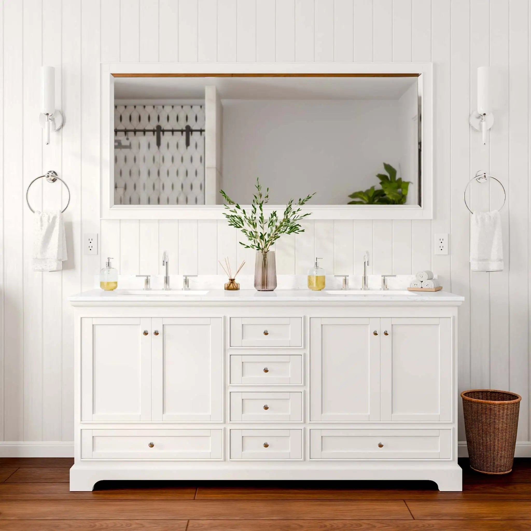 72" Deborah Double Bathroom Vanity in White with Polished Chrome Trim & 70" Mirror by Wyndham