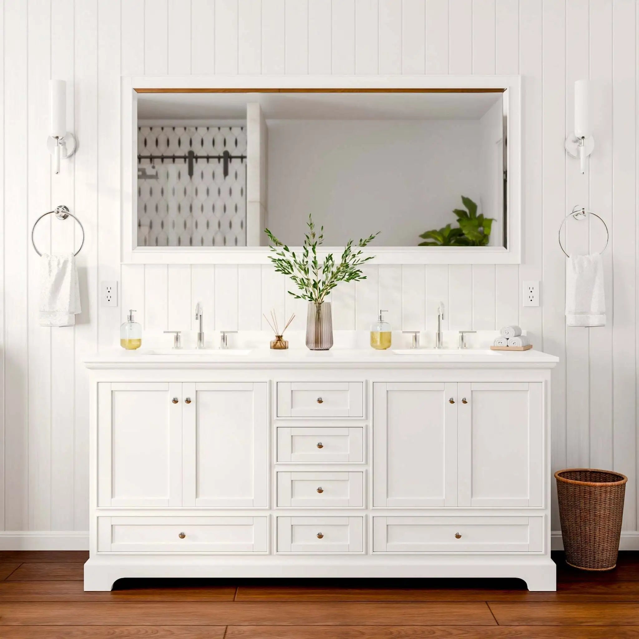 72" Deborah Double Bathroom Vanity in White with Polished Chrome Trim & 70" Mirror by Wyndham