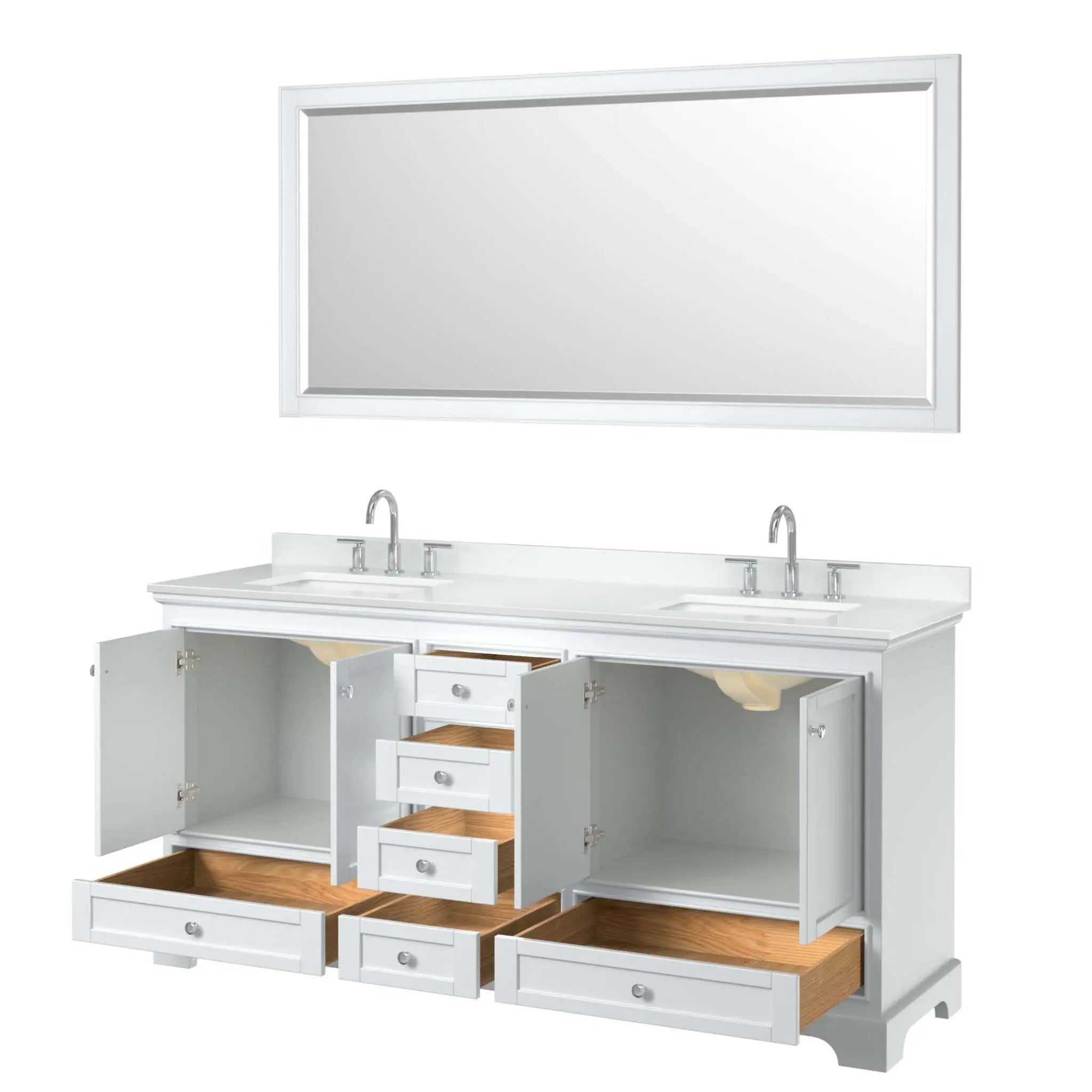 72" Deborah Double Bathroom Vanity in White with Polished Chrome Trim & 70" Mirror by Wyndham