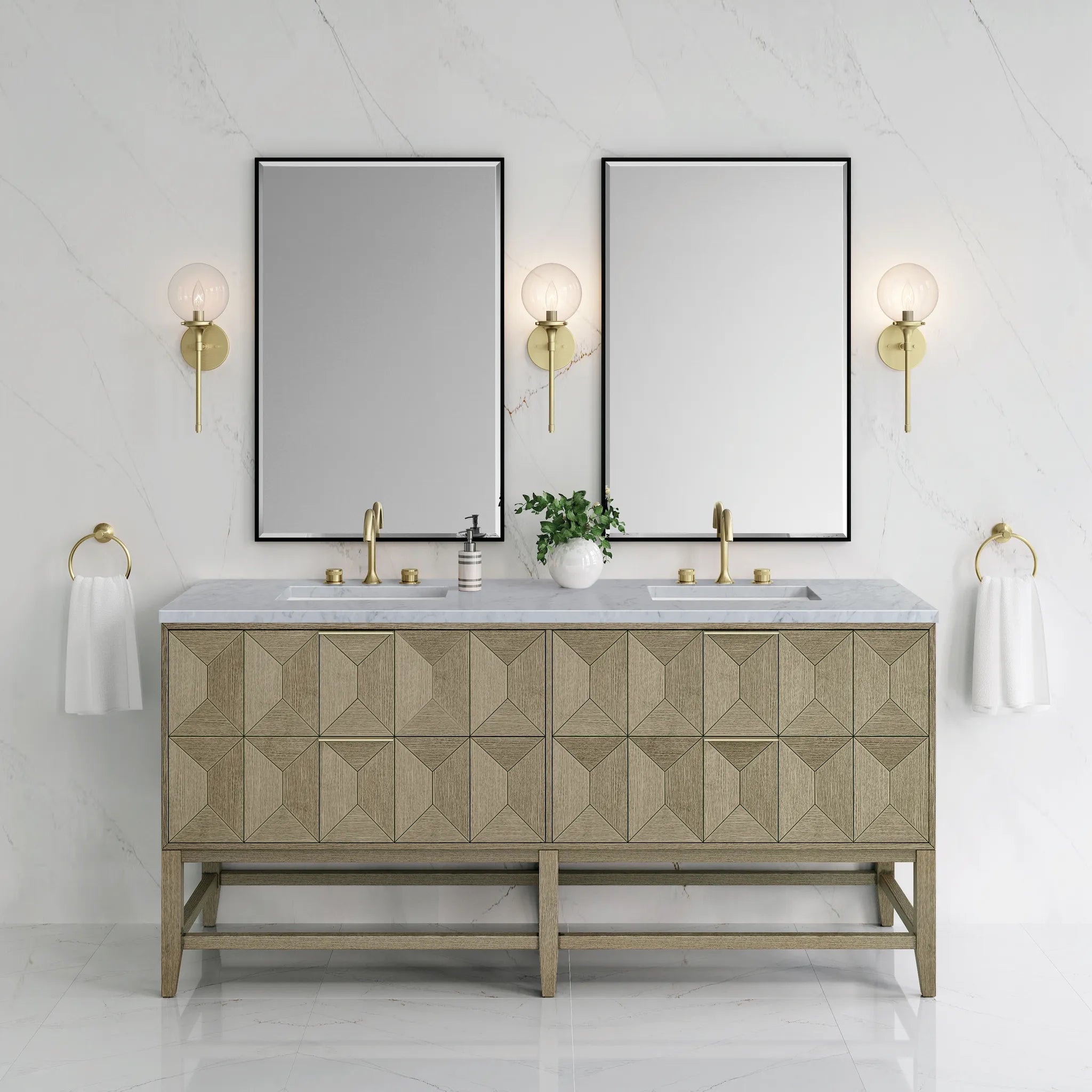 72" Emmeline Double Vanity in Pebble Oak-Carrara White Marble-8" Widespread image 2