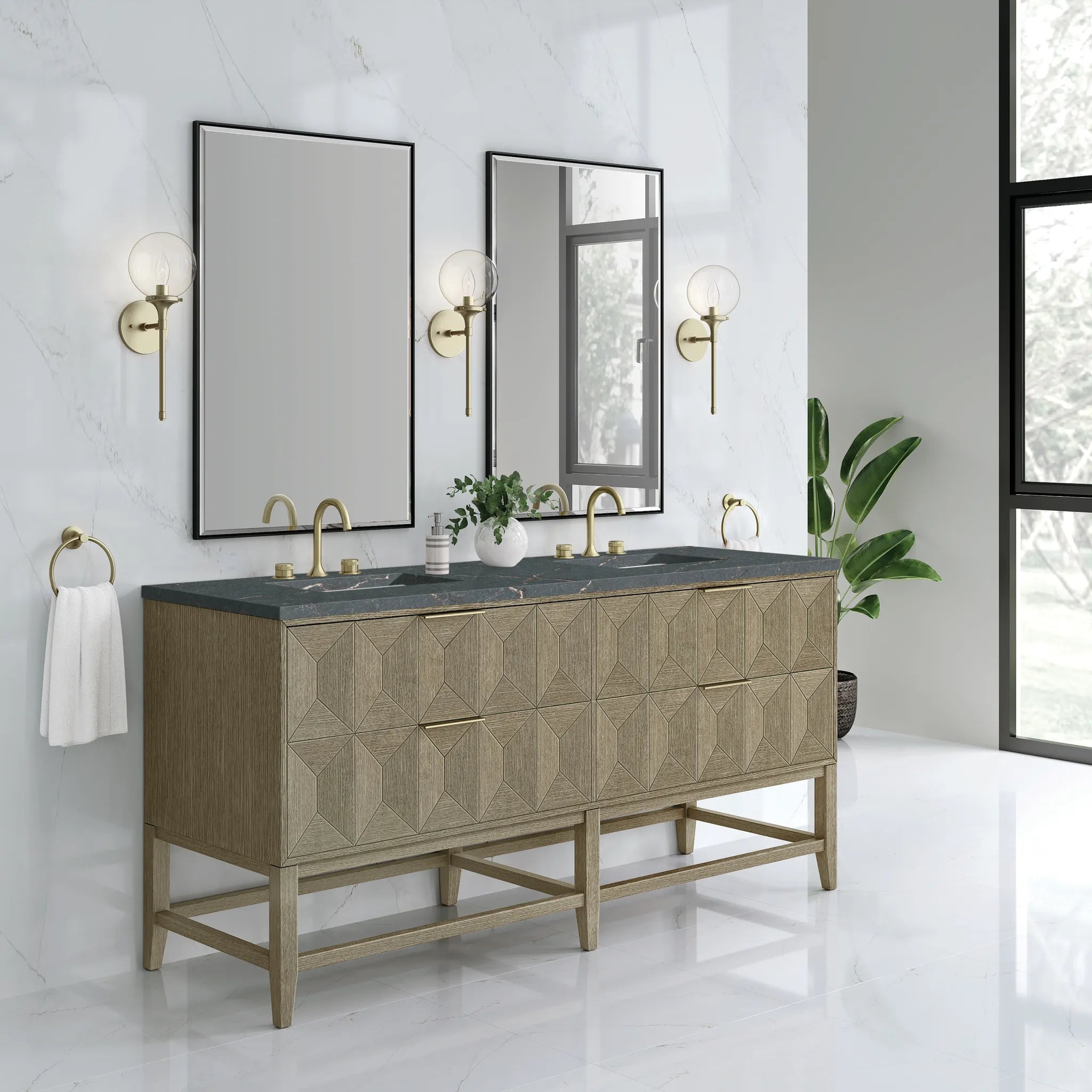 72" Emmeline Double Vanity in Pebble Oak w/FreePower Wireless Charger-Parisien Bleu Silestone-8" Widespread image 5
