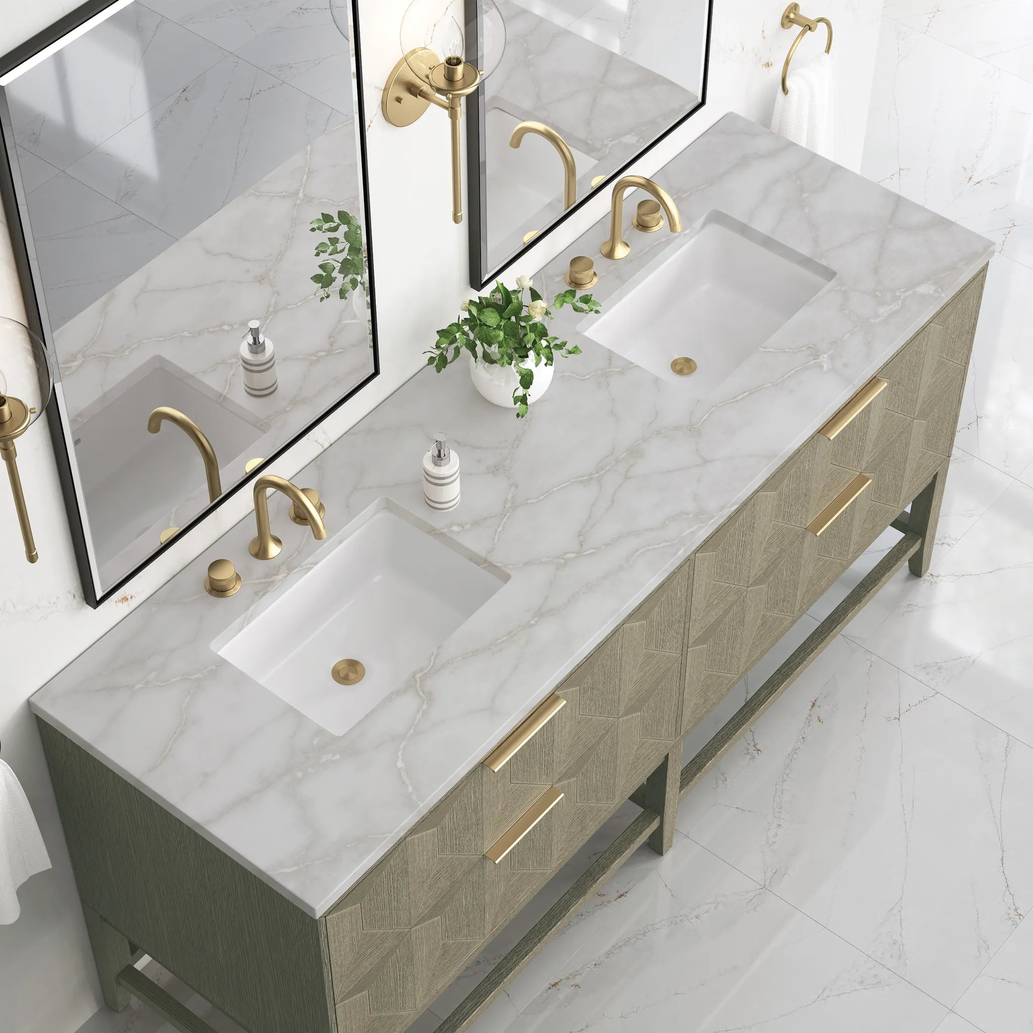 72" Emmeline Double Vanity in Pebble Oak w/FreePower Wireless Charger-Victorian Silver Silestone-8" Widespread image 7