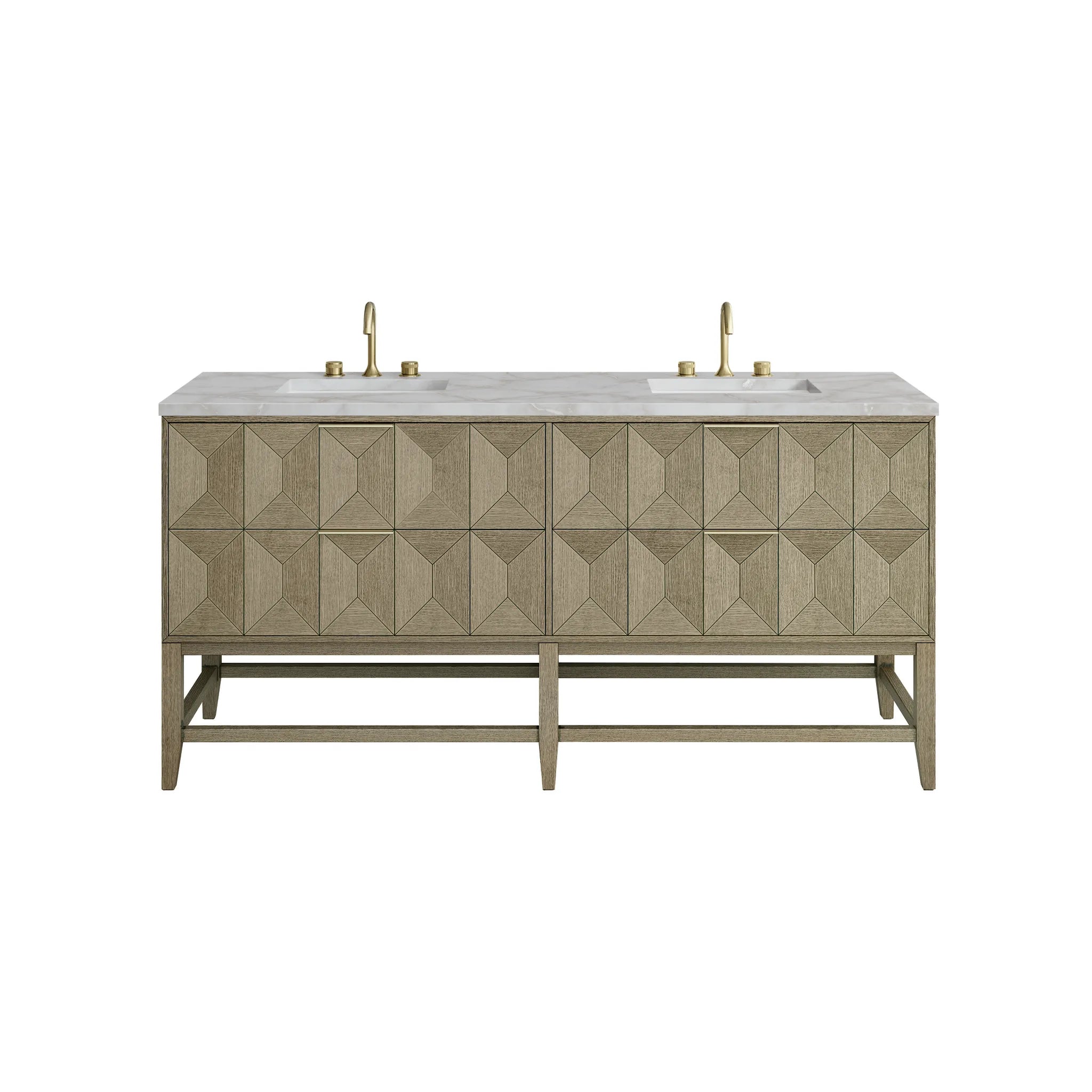 72" Emmeline Double Vanity in Pebble Oak w/FreePower Wireless Charger-Victorian Silver Silestone-8" Widespread image