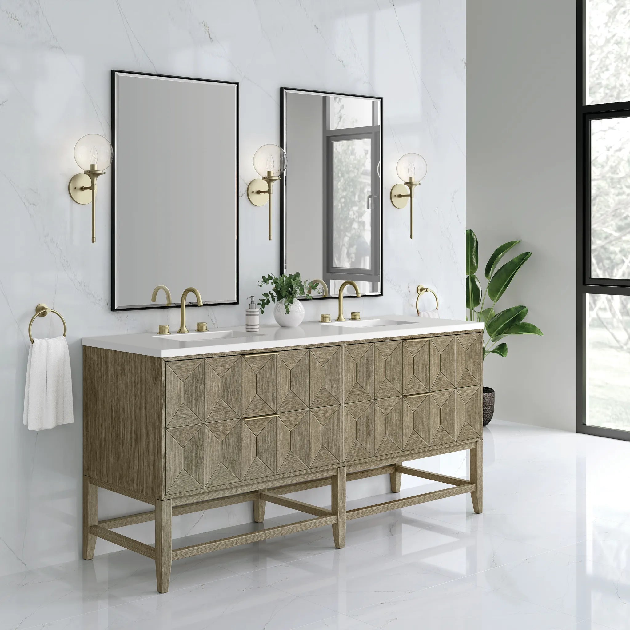 72" Emmeline Double Vanity in Pebble Oak-White Zeus Silestone-8" Widespread image 3