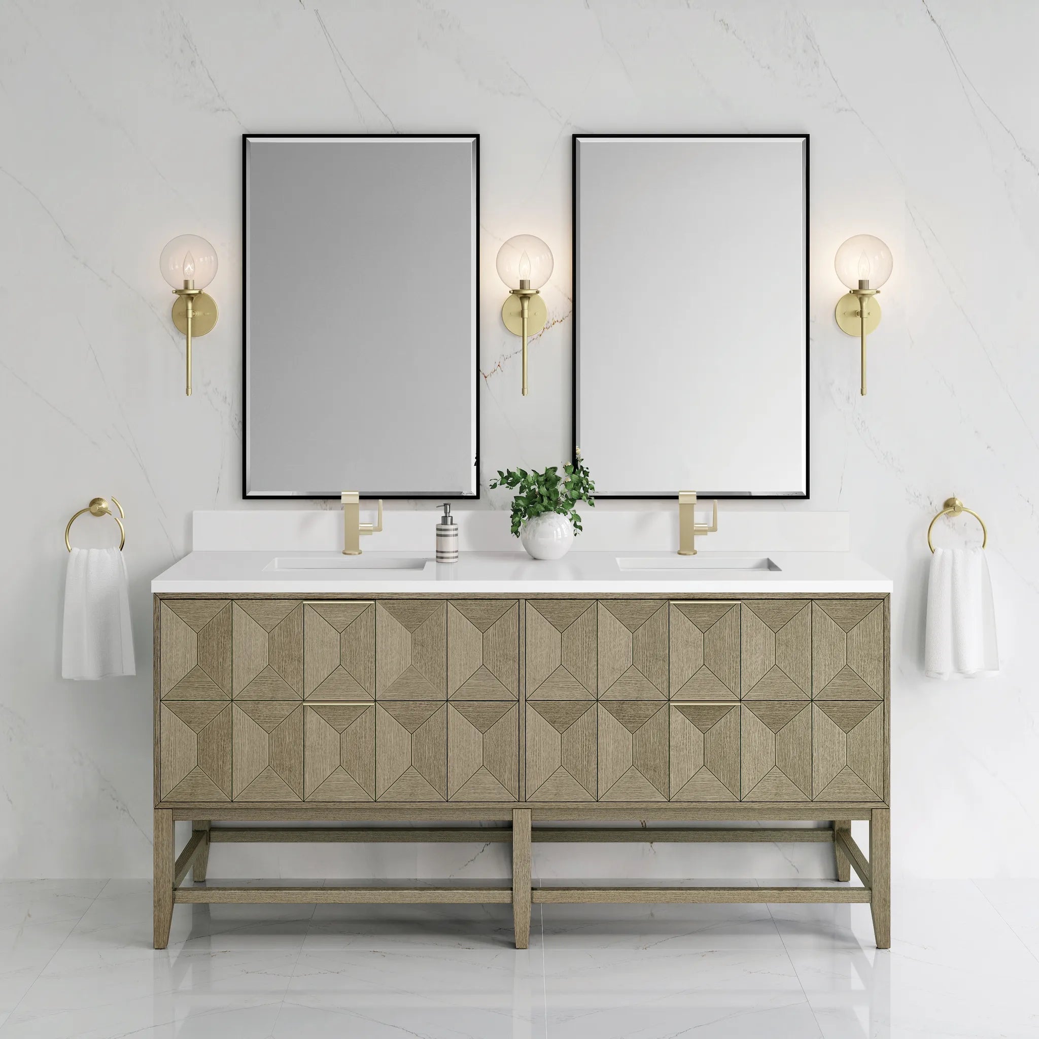 72" Emmeline Double Vanity in Pebble Oak-White Zeus Silestone & Backsplash-Single Hole image 1
